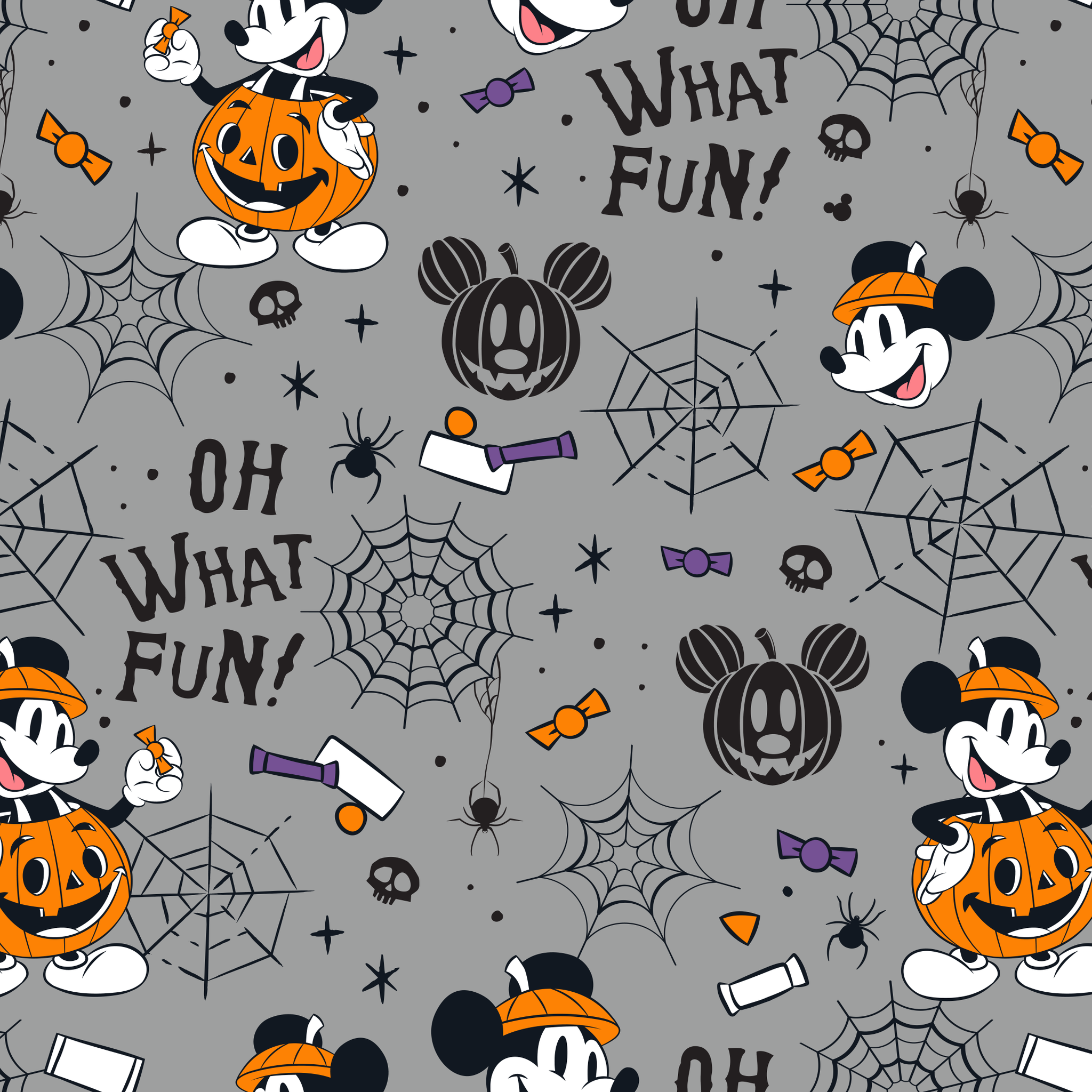 Halloween pattern with Mickey Mouse characters, pumpkins, spider webs, and "Oh What Fun!" text on gray background tiled preview square