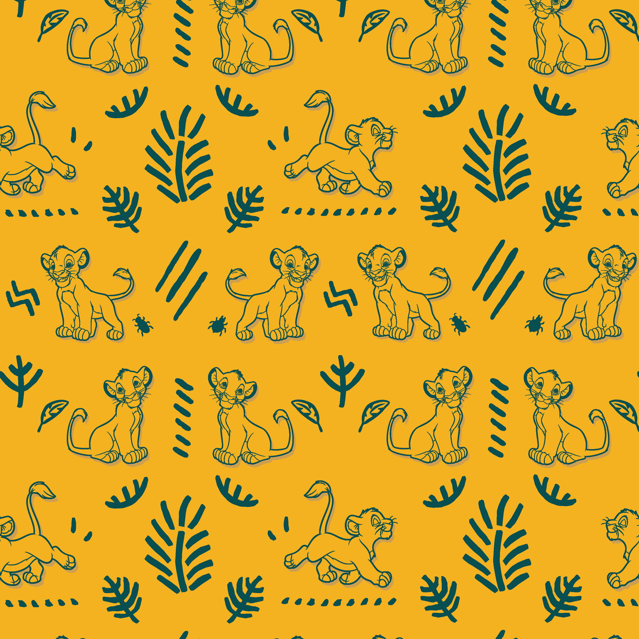 Pattern of cartoon lion cubs with green leaves and decorative elements on bright yellow background tiled preview square