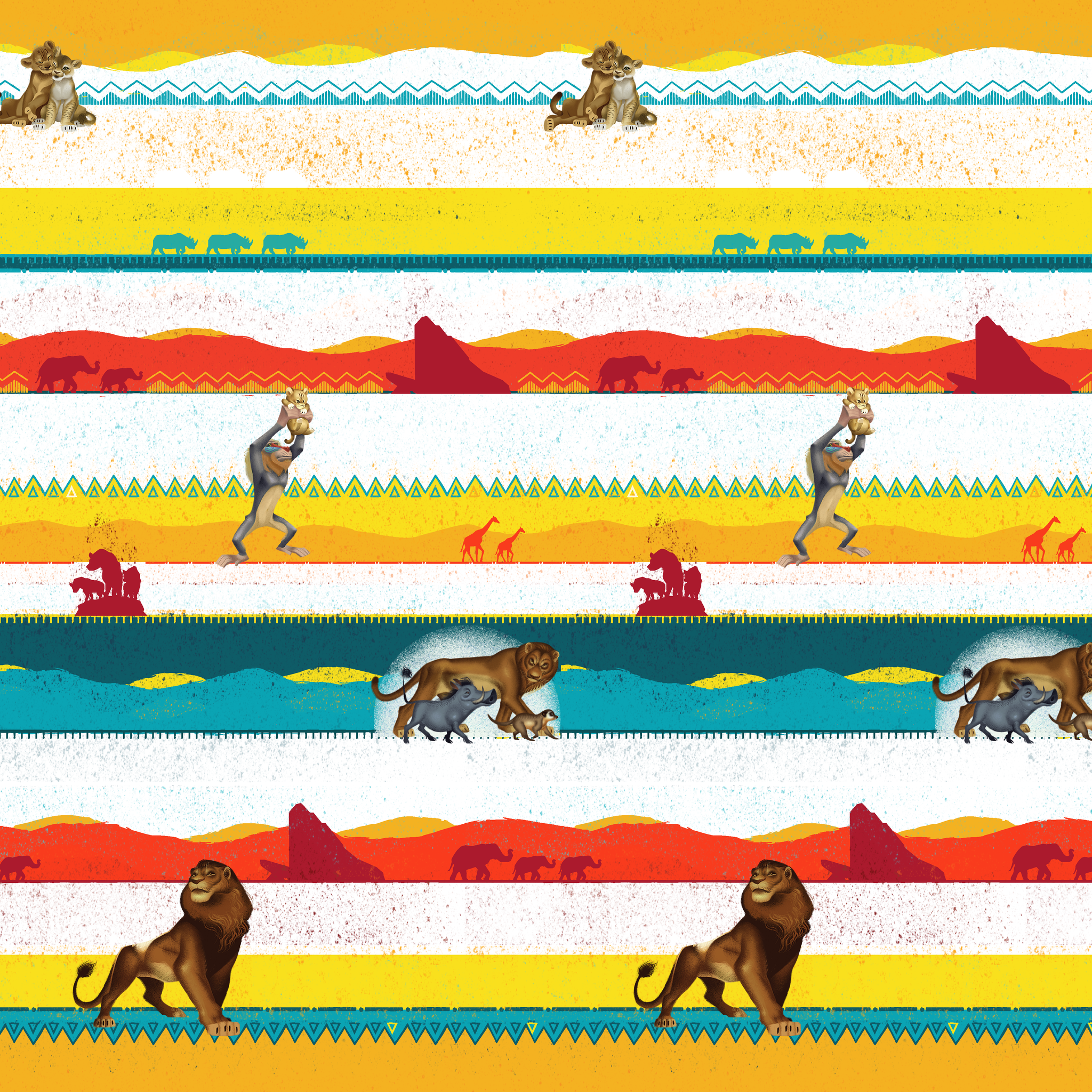 Colorful horizontal striped pattern featuring wildlife silhouettes including lion, elephant, and animals in savanna landscapes. tiled preview square