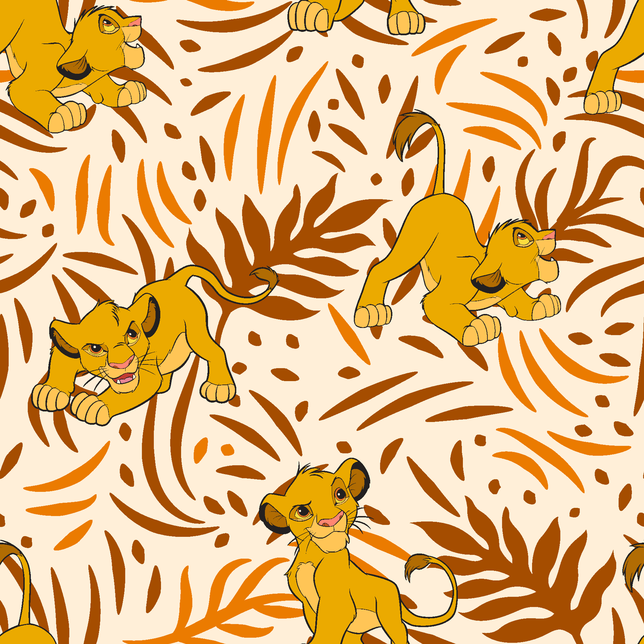 Cartoon lion cubs playing among stylized brown palm leaf pattern on cream background tiled preview square