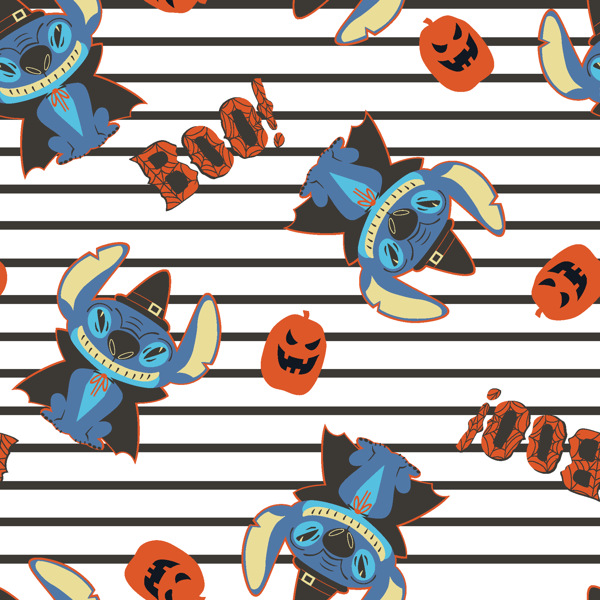 Disney's Stitch with witch hat alongside orange pumpkins on black and white striped background tiled preview square