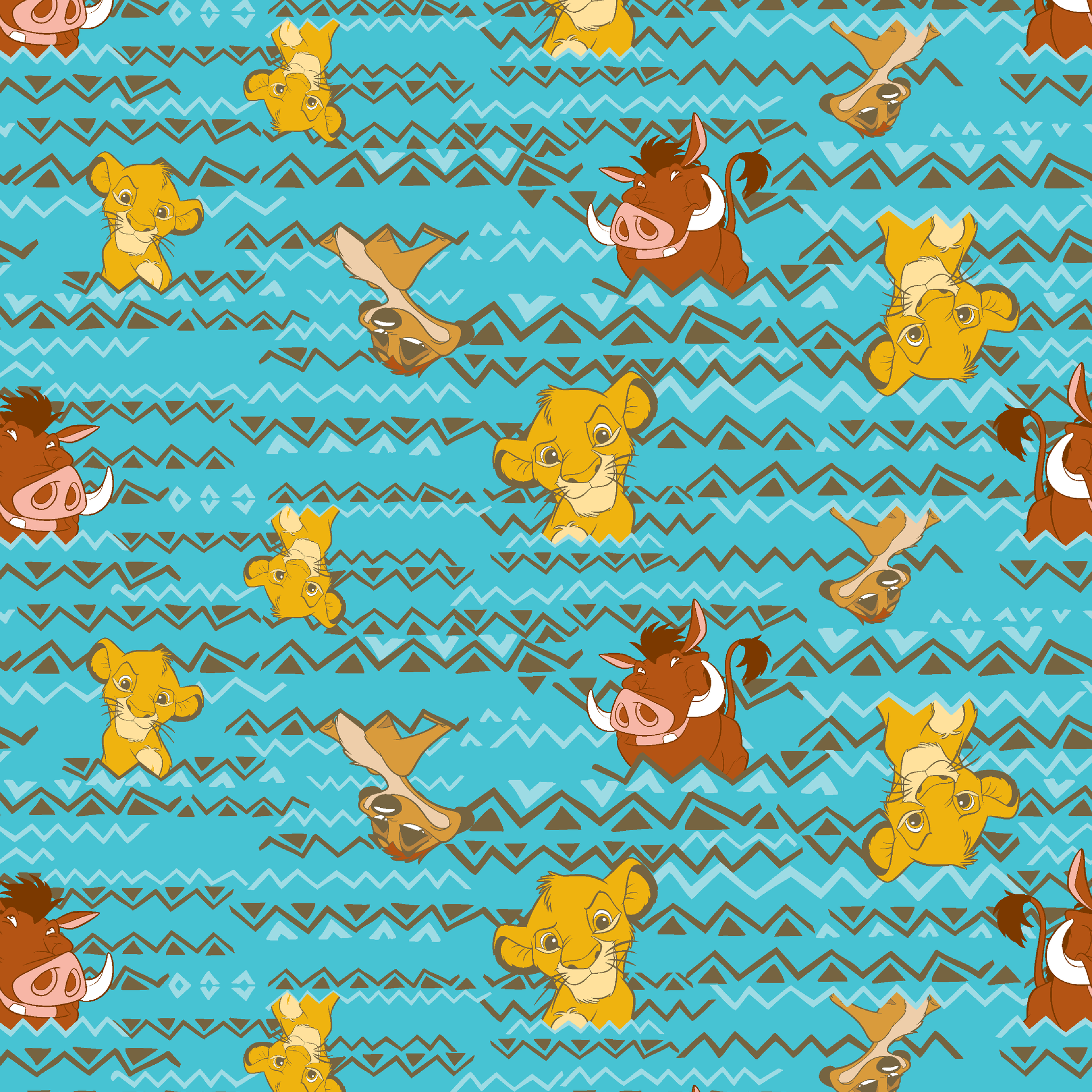 Lion King themed pattern with Simba and Timon characters on turquoise blue background with zigzag stripes tiled preview square
