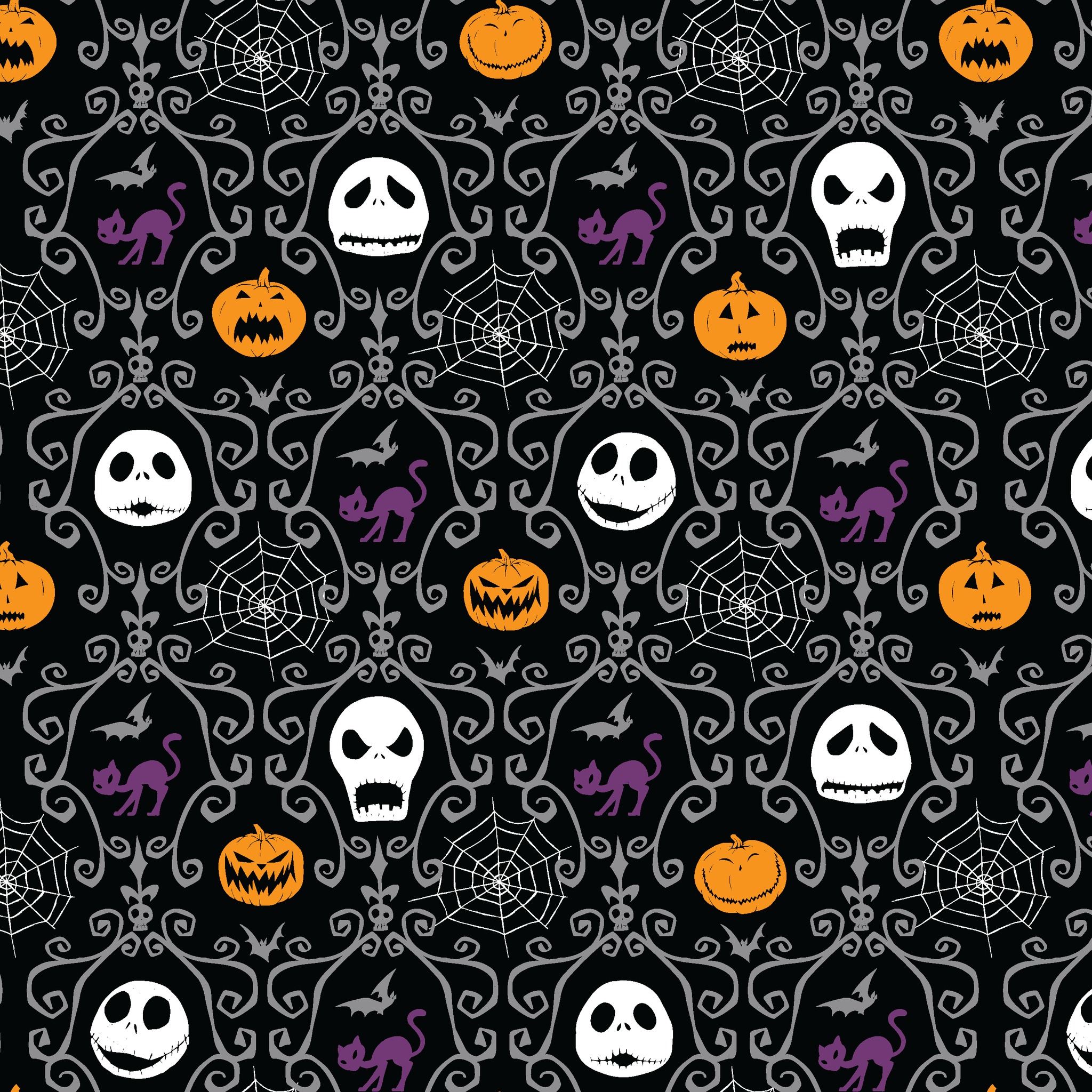 Nightmare Before Christmas pattern with skulls, pumpkins, bats and ornate swirls on black background tiled preview square