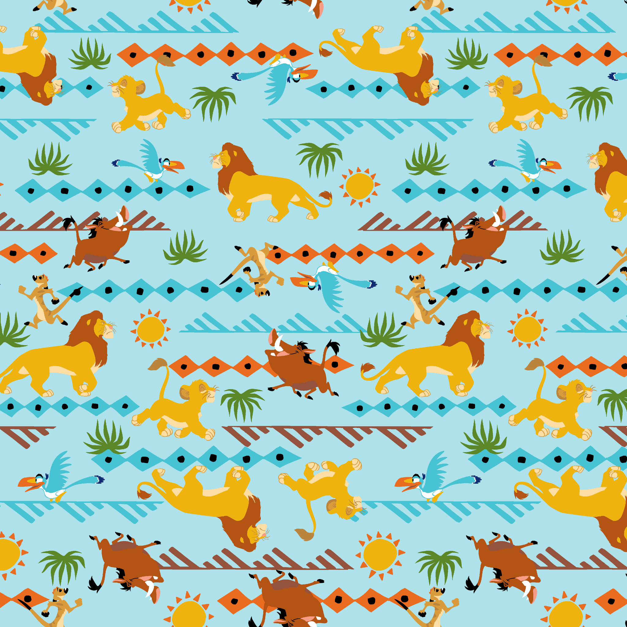 Colorful pattern with cartoon lions, palm trees, and sun designs on a light blue background tiled preview square