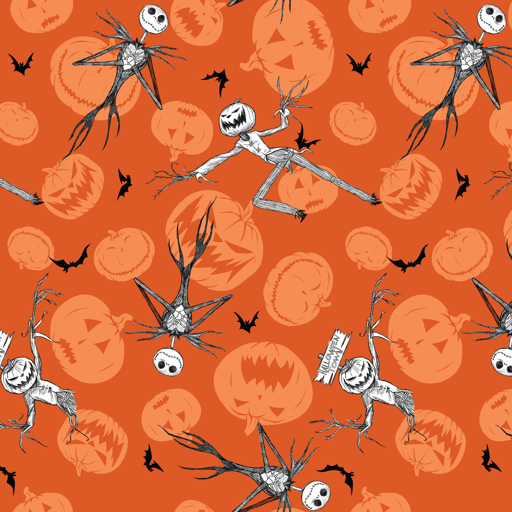 Nightmare Before Christmas pattern with Jack Skellington, bats, and jack-o'-lantern silhouettes on orange background tiled preview square