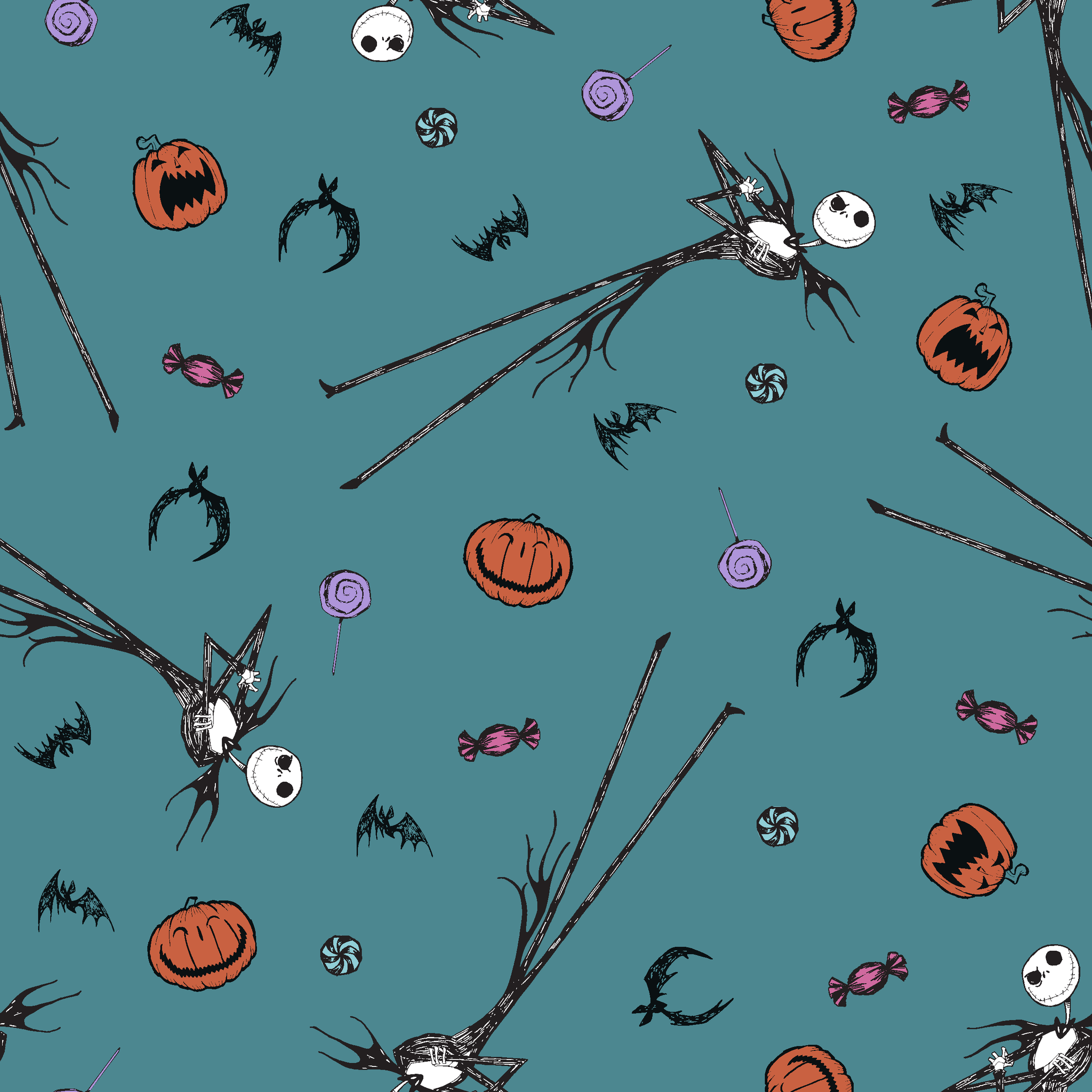 Halloween pattern with witch brooms, pumpkins, bats, candy, and creepy eyes on teal background tiled preview square