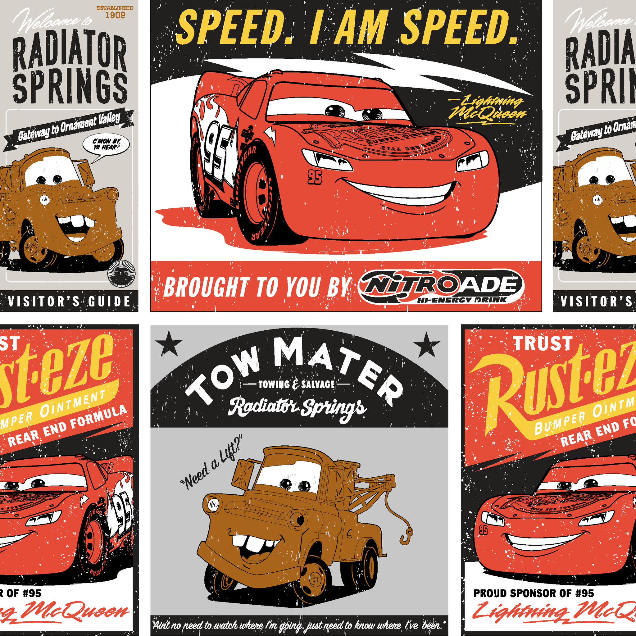 Cars merchandise posters featuring red race car saying "Speed. I am speed." and brown tow truck character with "Tow Mater" in vintage advertising style tiled preview square