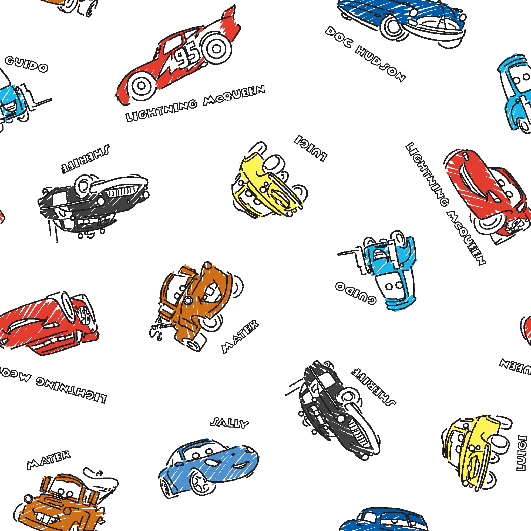 Colorful cartoon race cars in various colors scattered on white background with small text labels tiled preview square