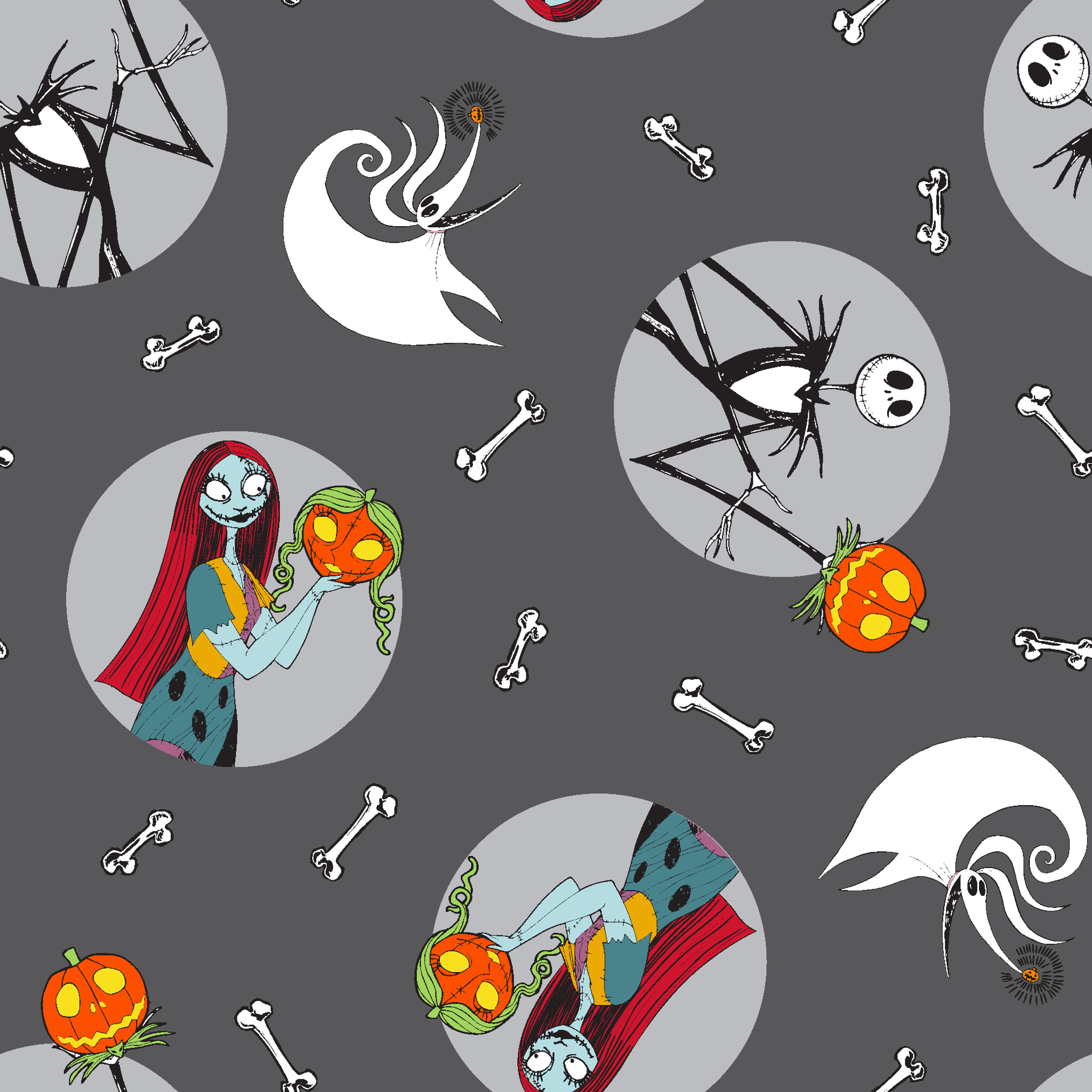 Nightmare Before Christmas themed pattern with Sally and Jack Skellington, pumpkins, bones, and ghostly designs on gray background tiled preview square