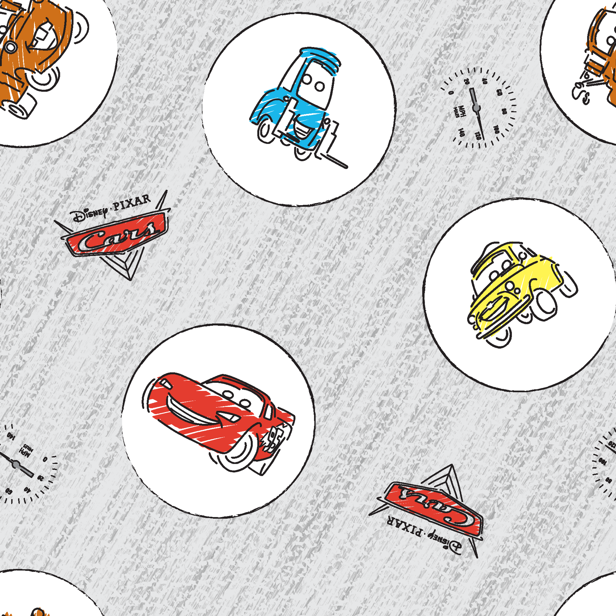 Cartoon Cars movie characters in white circles on a light gray sketched background with Cars logos tiled preview square