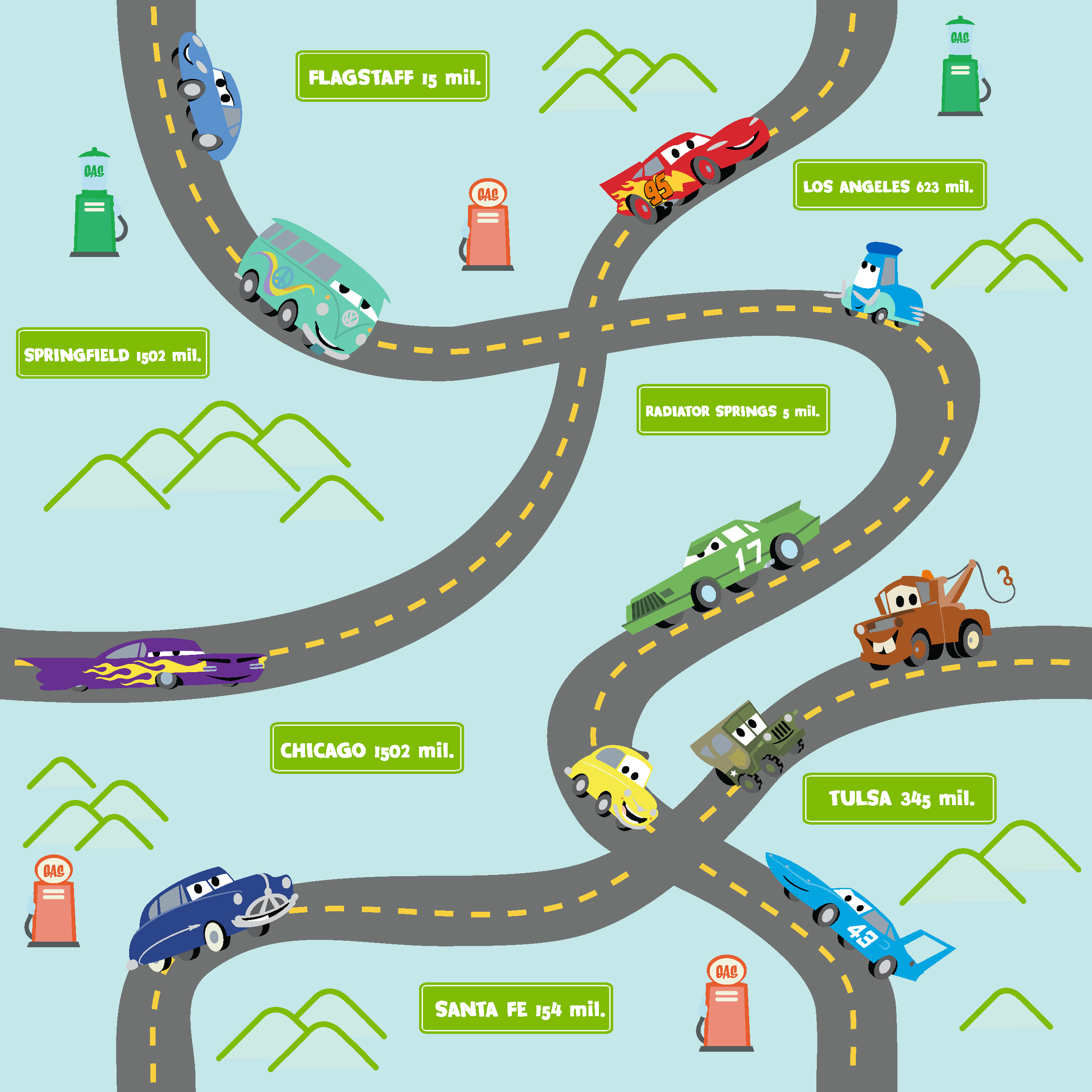 Cars from "Cars" movie on winding road with green speech bubbles showing different car brands and gas stations. tiled preview square