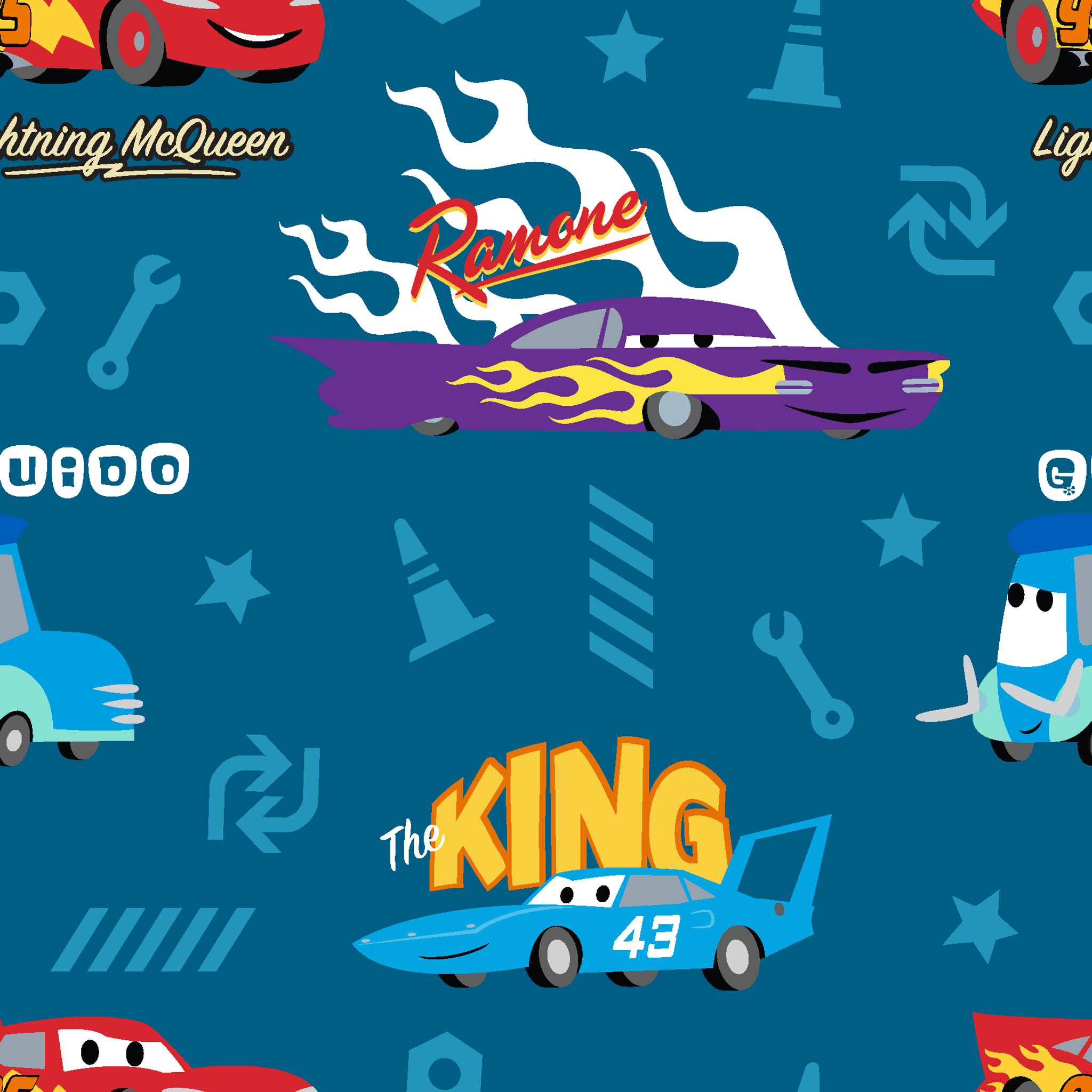 Disney Cars pattern featuring Lightning McQueen, Ramone's purple car with flames, and The King 43 on blue background with racing icons tiled preview square