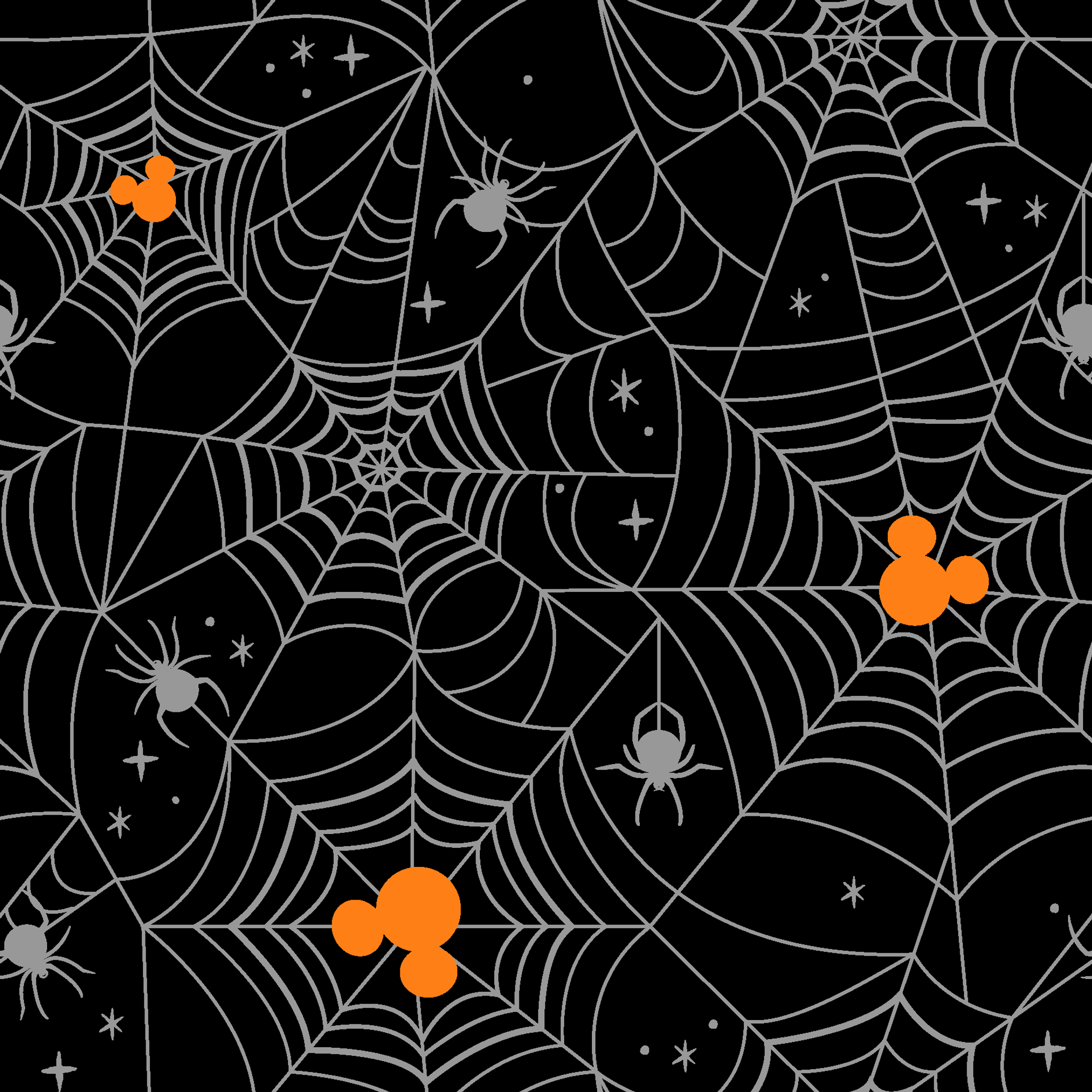 Spooky Halloween pattern with white spiderwebs, orange Mickey Mouse heads, and gray spiders on black background tiled preview square