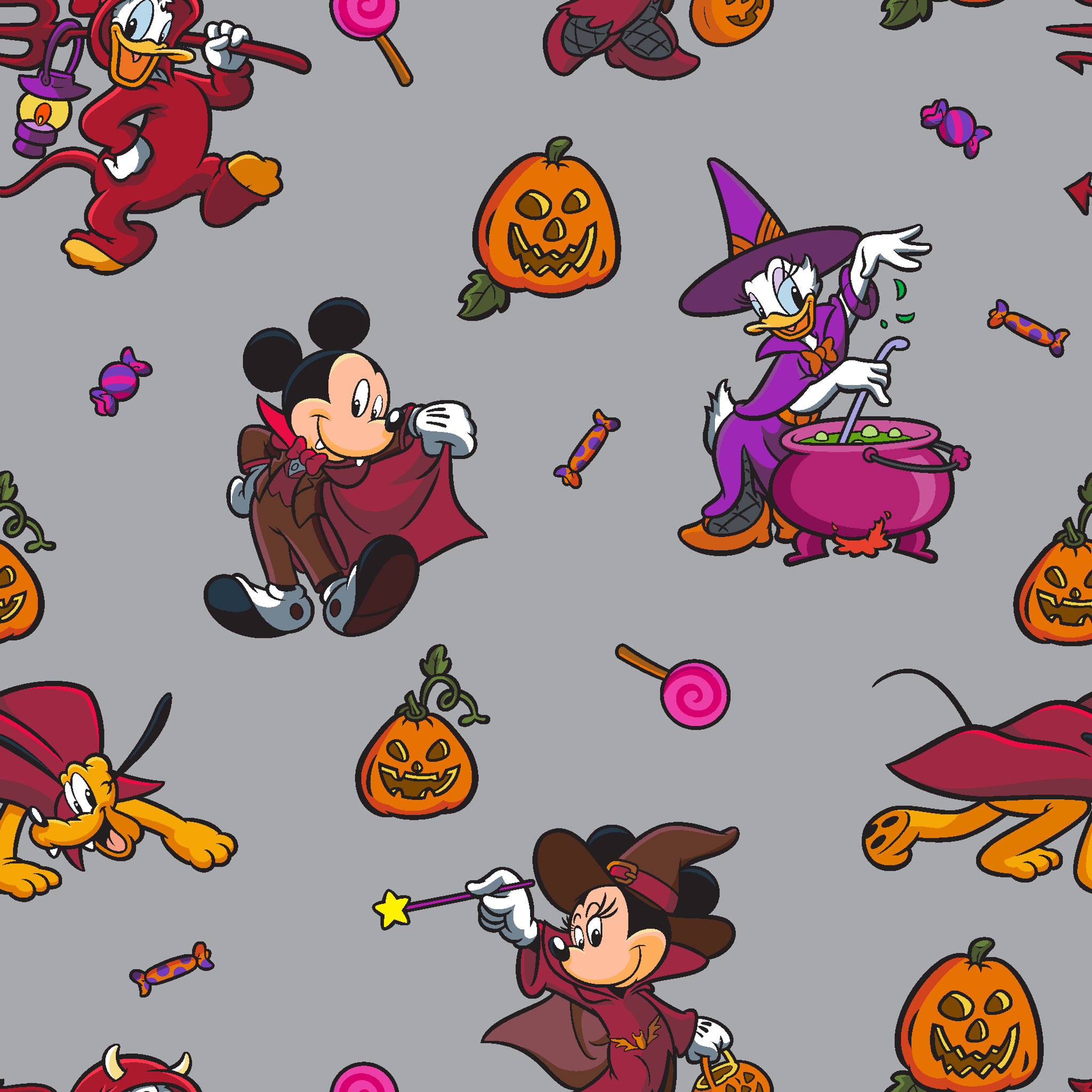Halloween-themed cartoon pattern with Mickey Mouse characters in costumes, pumpkins, candy, and cauldrons on gray background tiled preview square