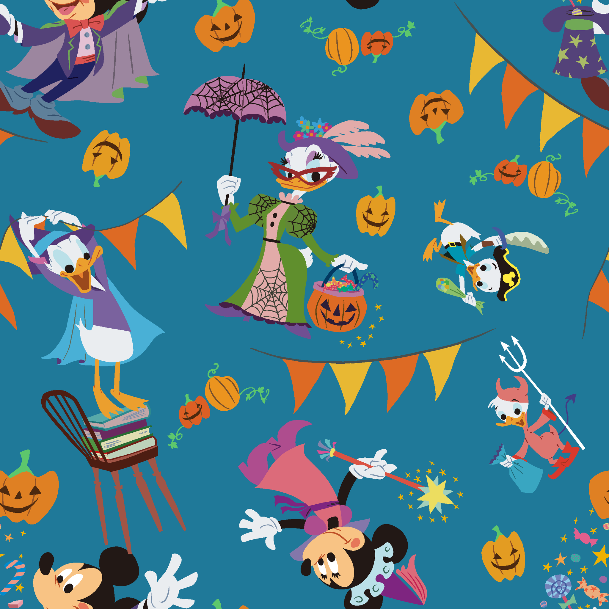 Whimsical Halloween pattern with Disney characters in costumes, pumpkins, and orange bunting on teal background. tiled preview square