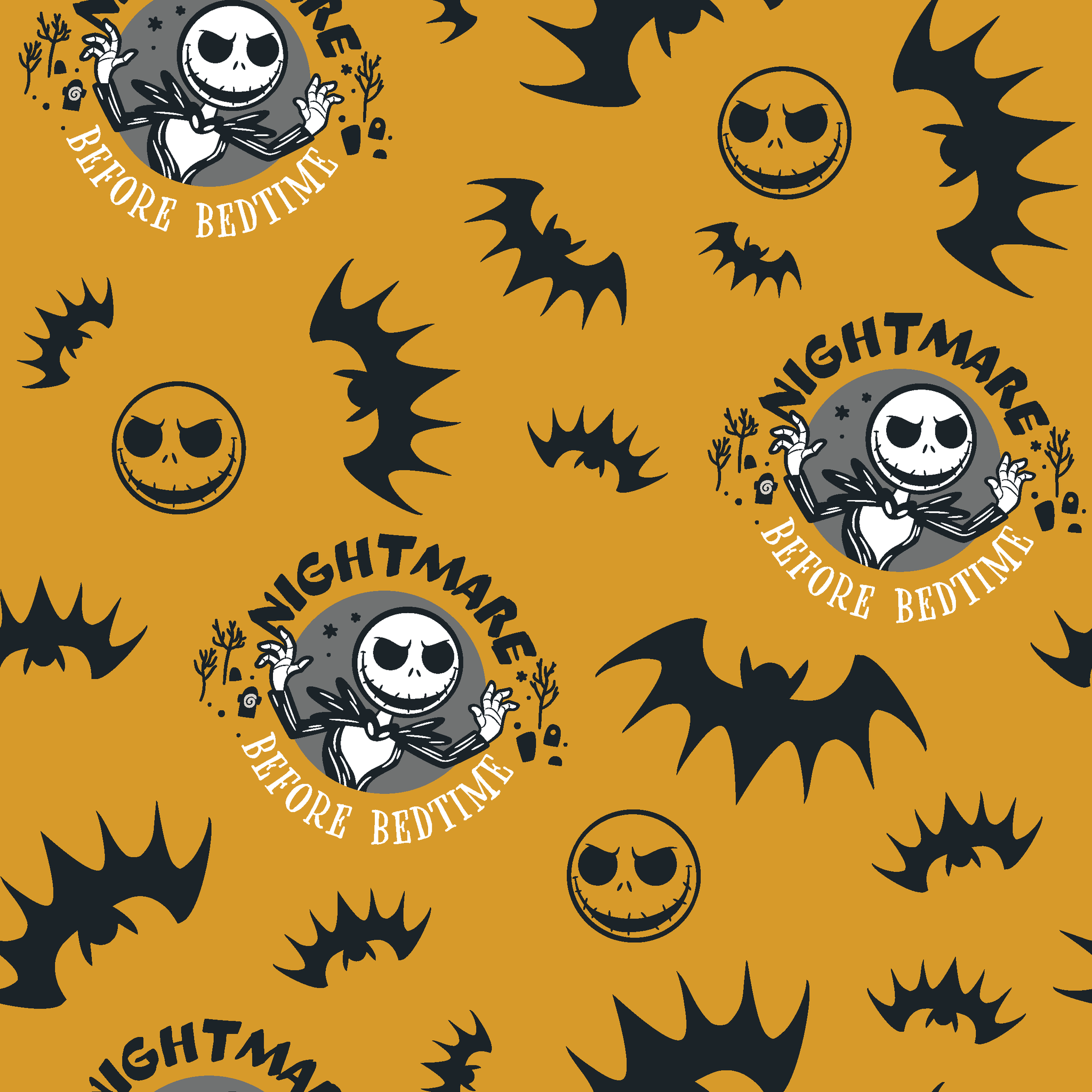 Halloween pattern with skeletal figure, "Nightmare" text, yellow background, black bats and smiling faces tiled preview square