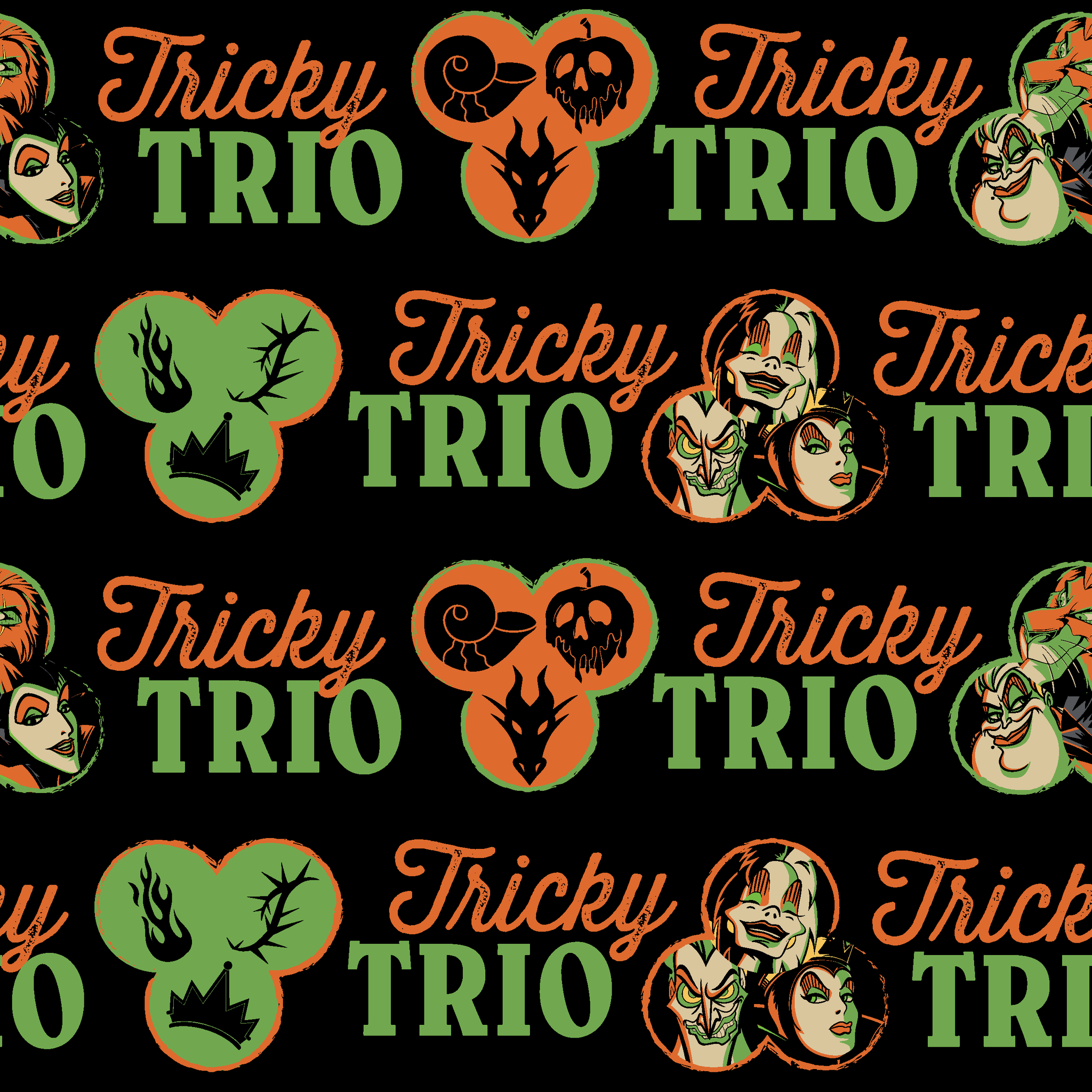 Disney Halloween pattern with "Tricky TRIO" text in orange and green, featuring Disney Villains, pumpkins, and ghostly designs on black background tiled preview square