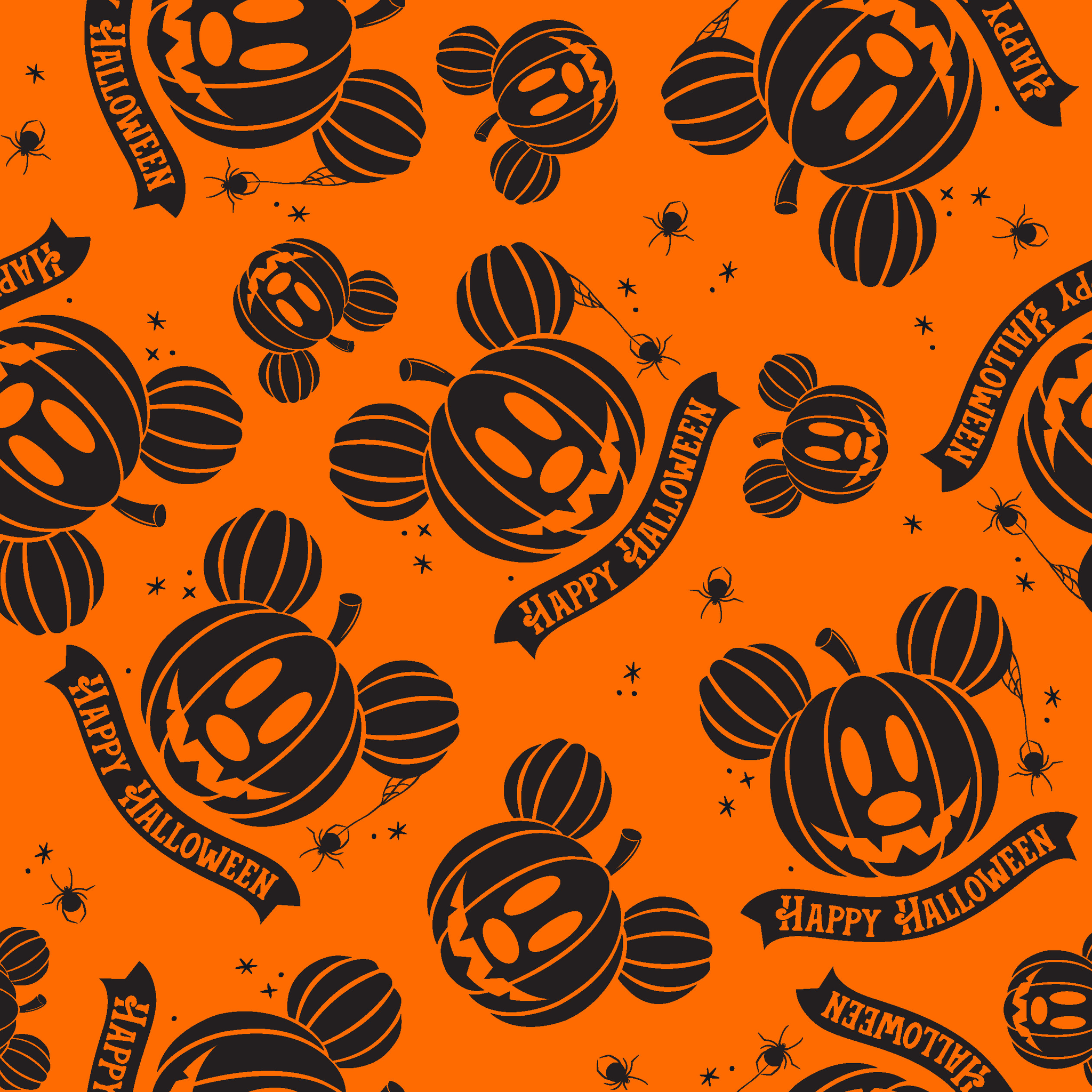 Halloween pattern with Disney-inspired jack-o'-lantern pumpkins and "Happy Halloween" text on bright orange background tiled preview square