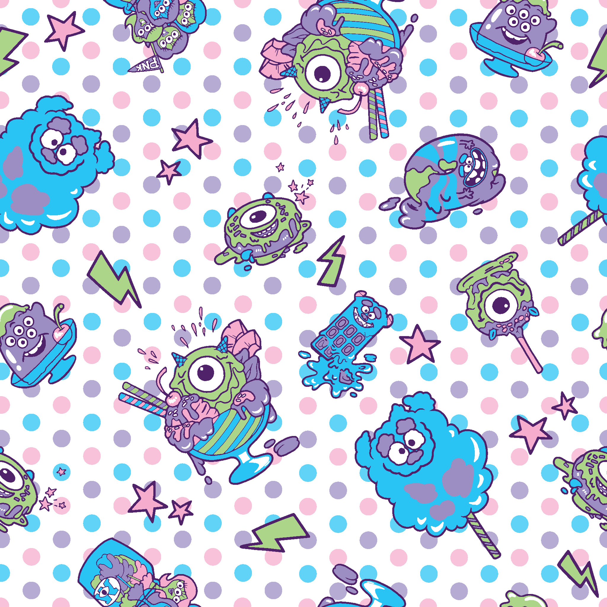 Monsters Inc inspired desserts, stars and lightning bolts on polka dot background tiled preview square
