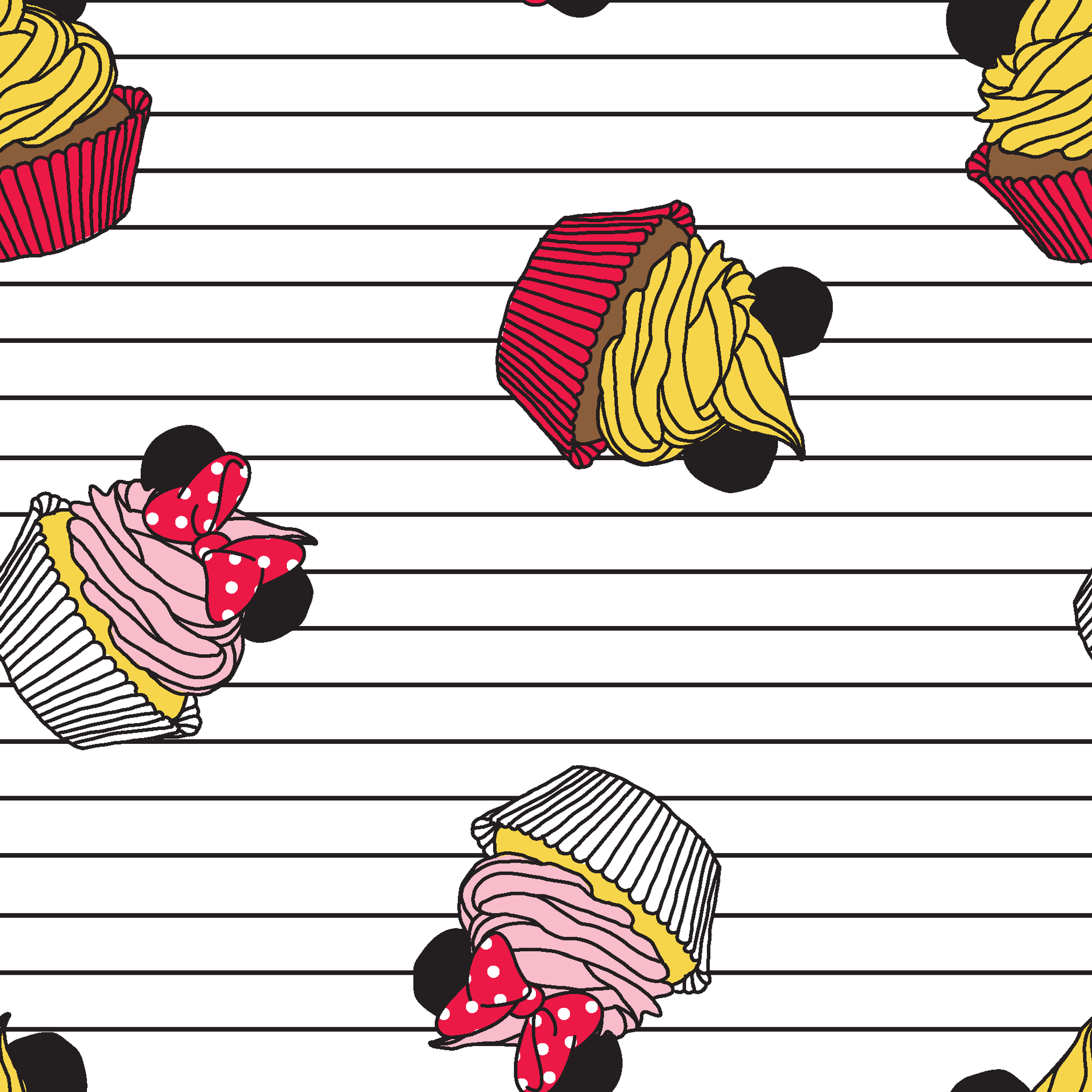 Colorful cartoon cupcakes with Mickey Mouse ears and bows scattered on striped background tiled preview square