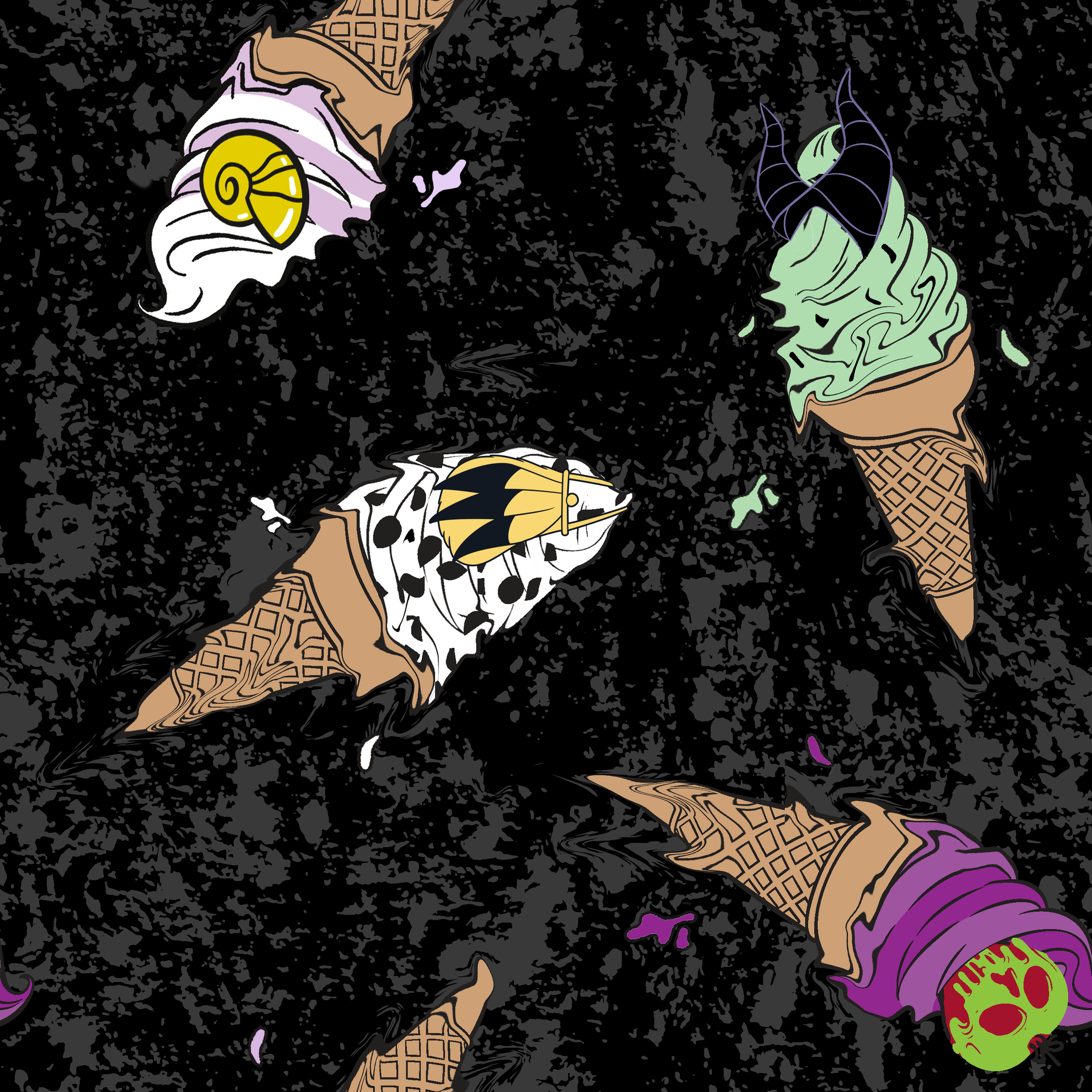Disney Villain-inspired ice cream cones on black background tiled preview square