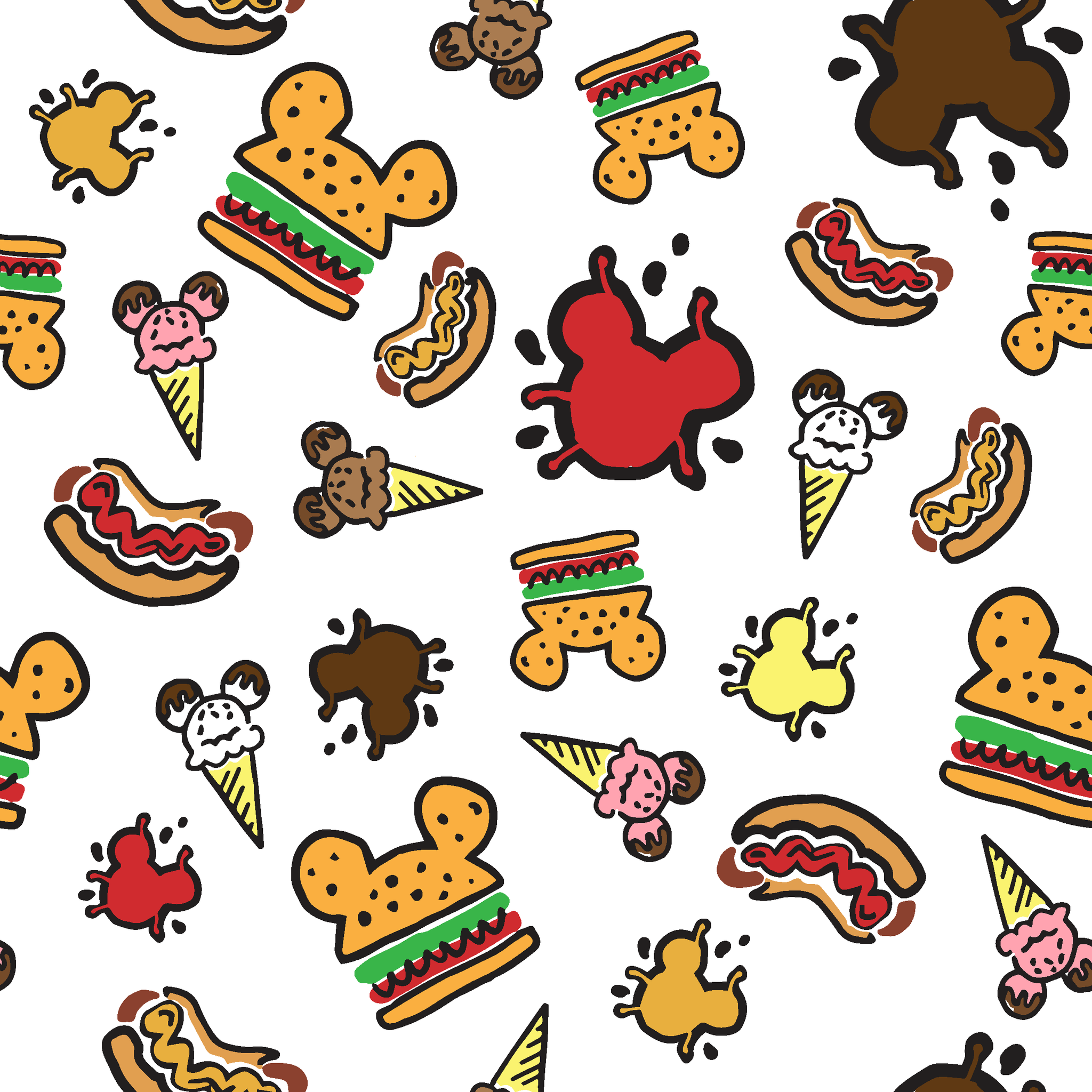 Colorful Disney theme park food icons including Mickey-shaped burgers, ice cream cones, hot dogs and apples on white background tiled preview square
