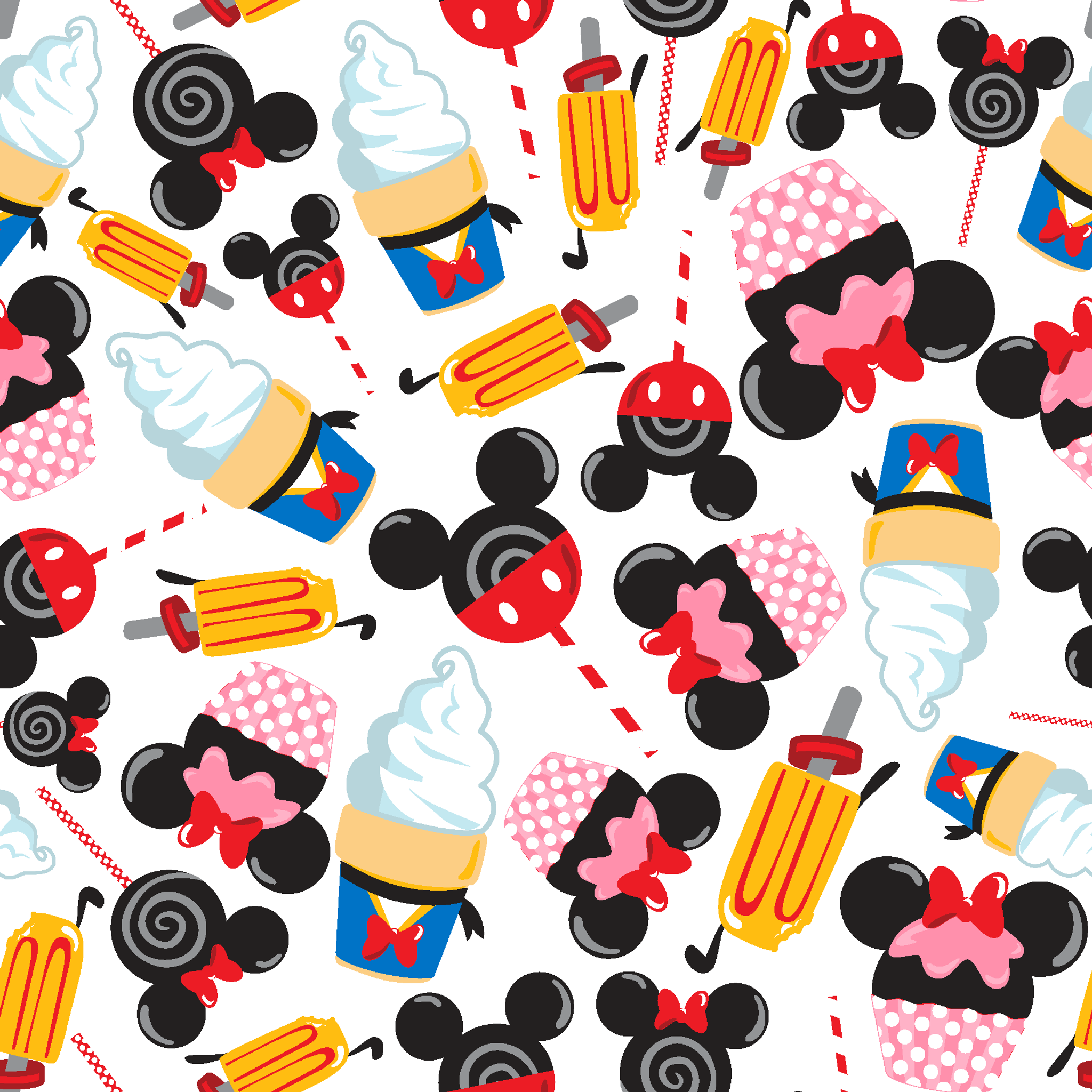 Disney-inspired pattern with ice cream cones and colorful swirled decorative elements on white background tiled preview square