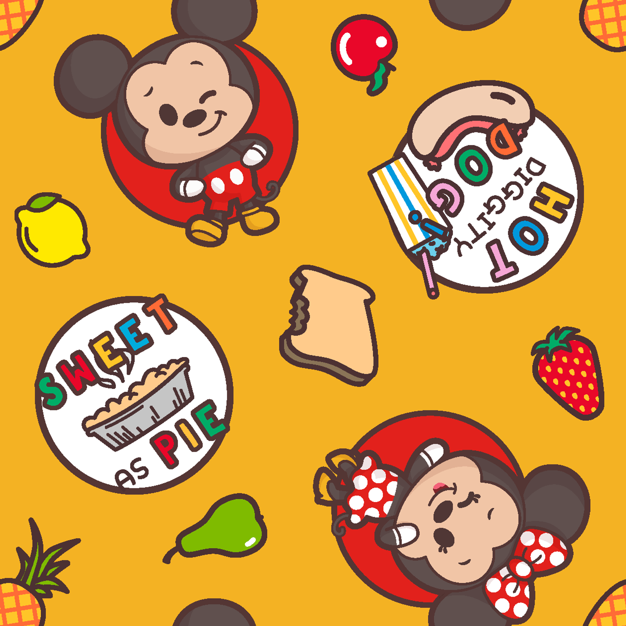 Mickey & Minnie Mouse with round badges on yellow background with fruit icons and toast patterns tiled preview square