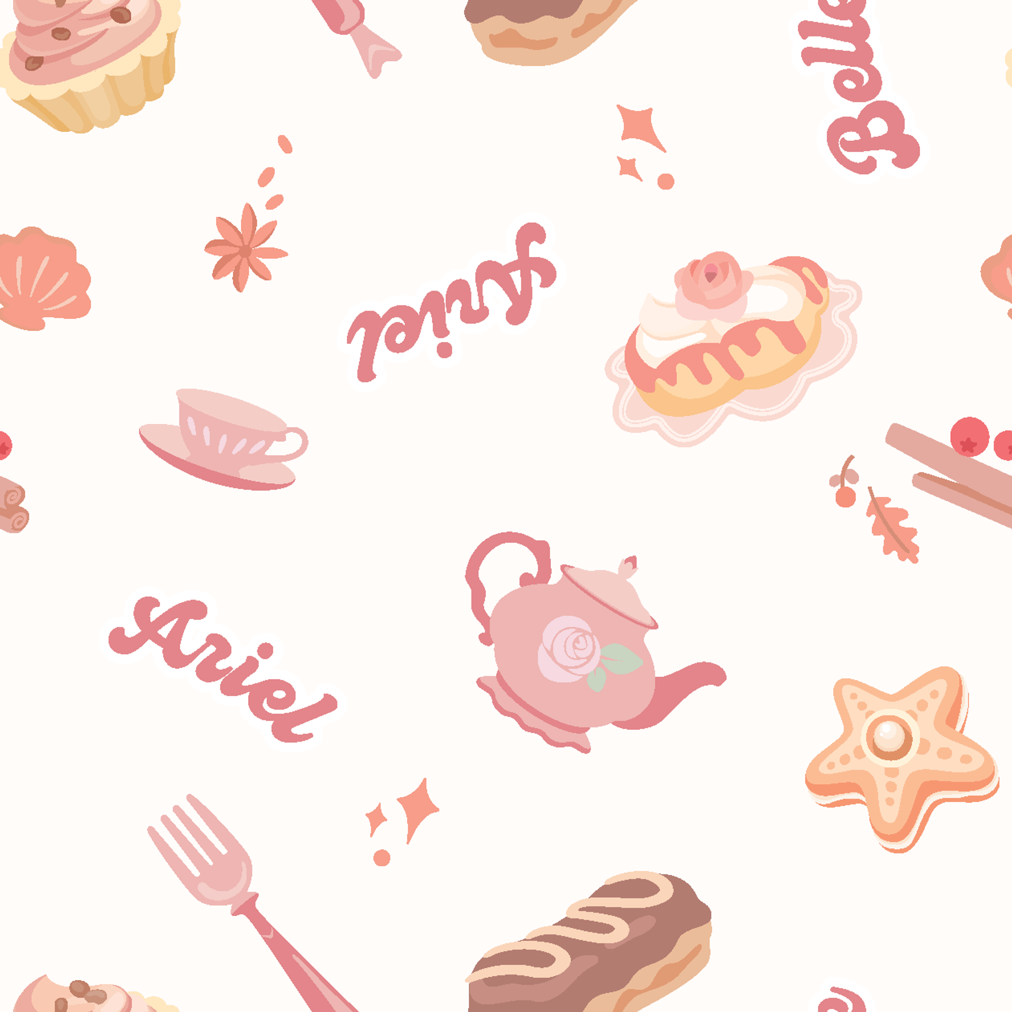 Disney Princess bakery pattern with desserts, teapot, teacup, and text on cream background tiled preview square