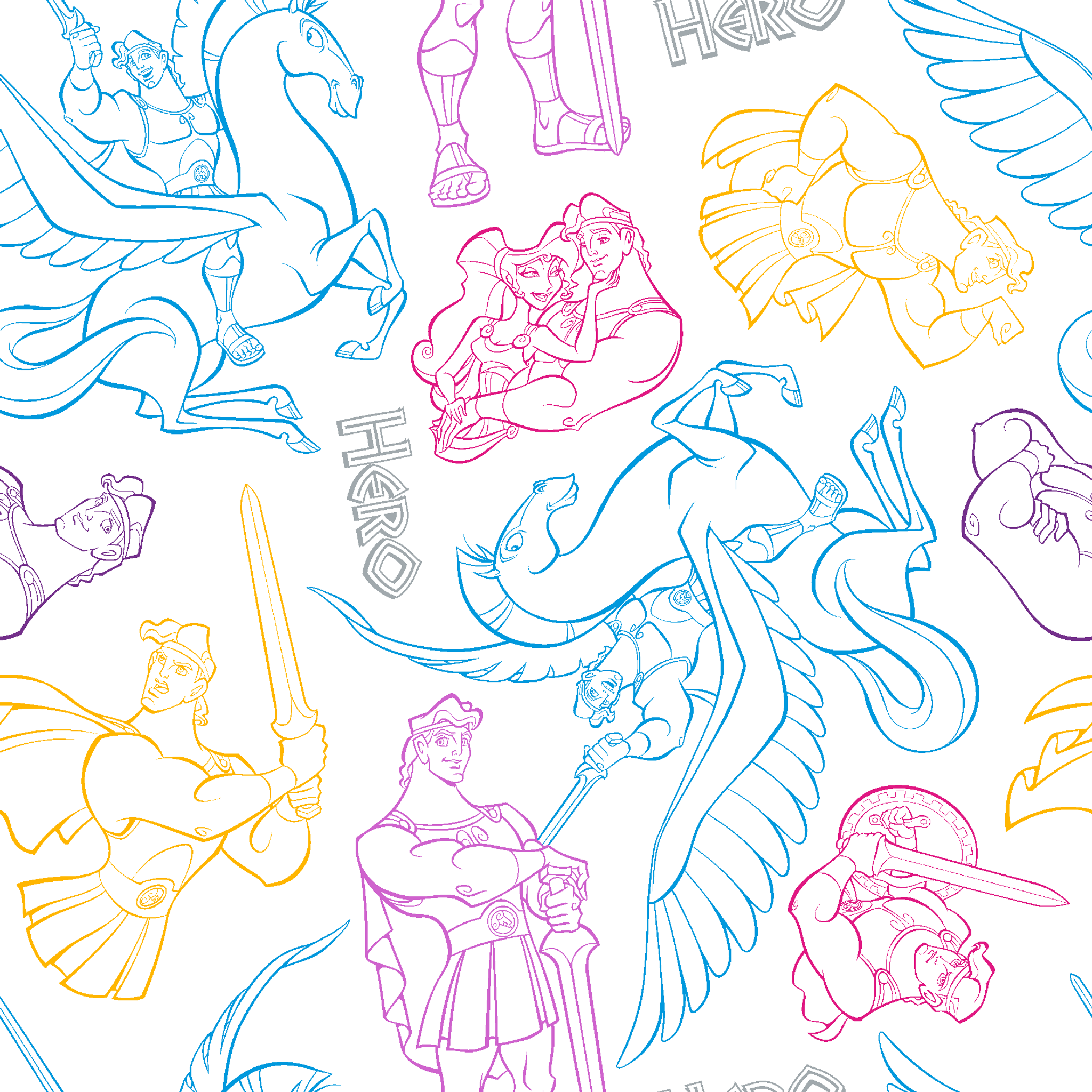 Colorful line art drawings of Hercules characters in blue, purple, and yellow outlines tiled preview square