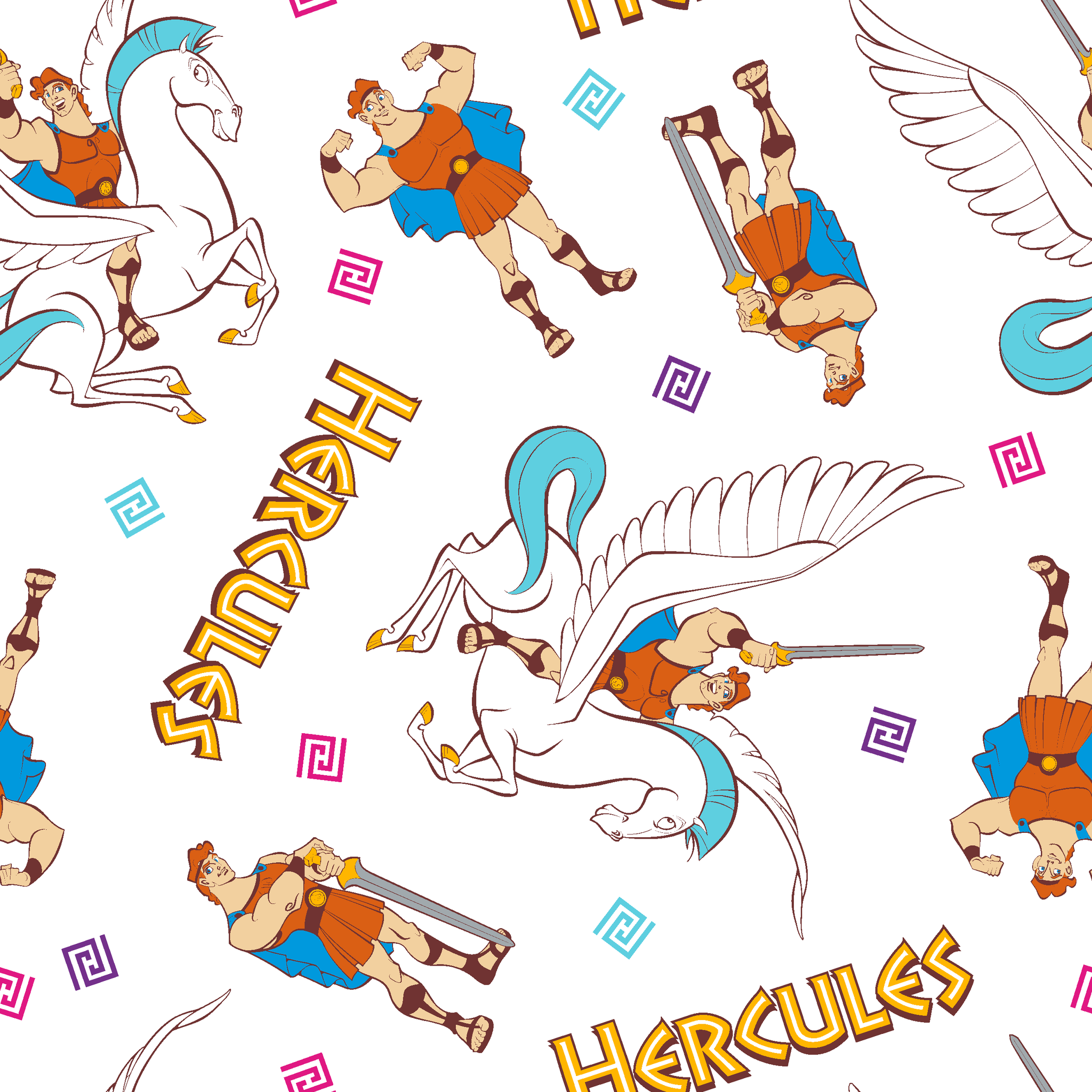 Cartoon pattern of Hercules characters with Pegasus, swords, and "HERCULES" text on white background tiled preview square