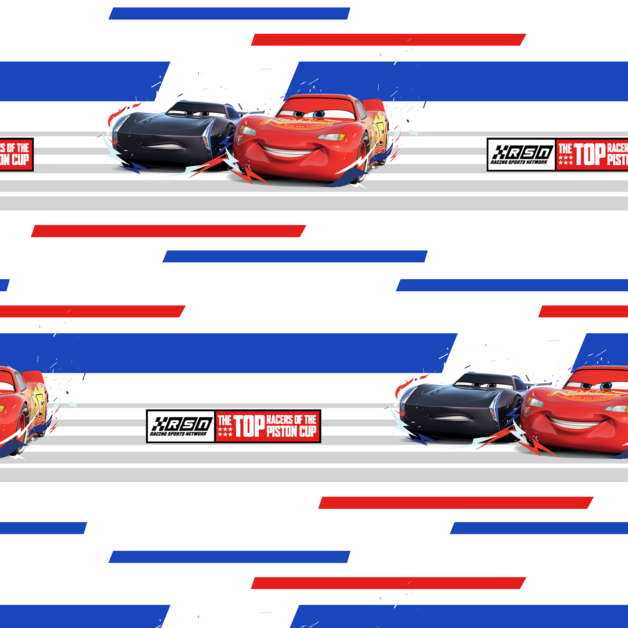 Red and black race cars from Disney Pixar's Cars movie on striped blue, white, and red background with XSpeed logo tiled preview square