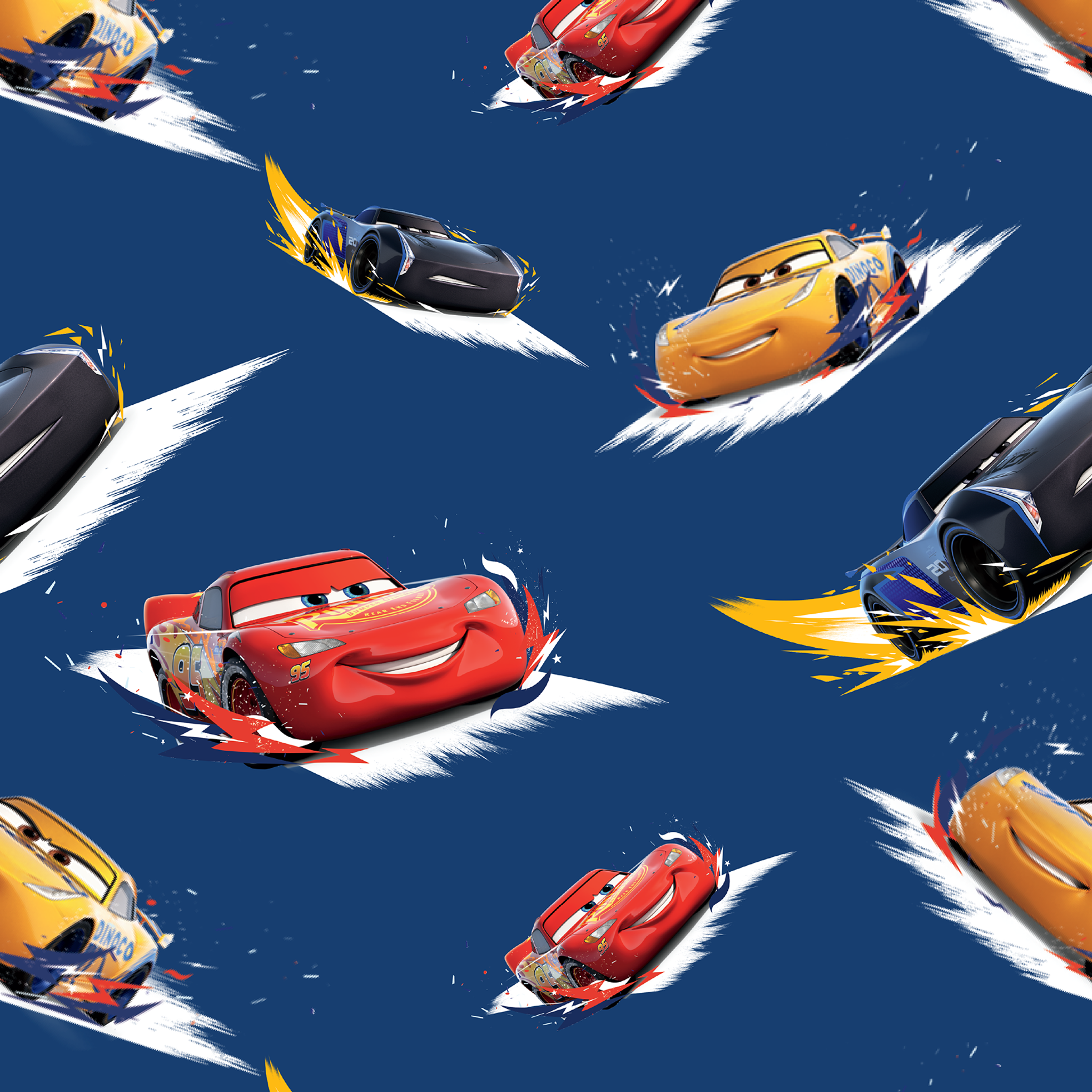 Animated race cars from Disney's Cars movie speeding across a blue background with white motion streaks tiled preview square