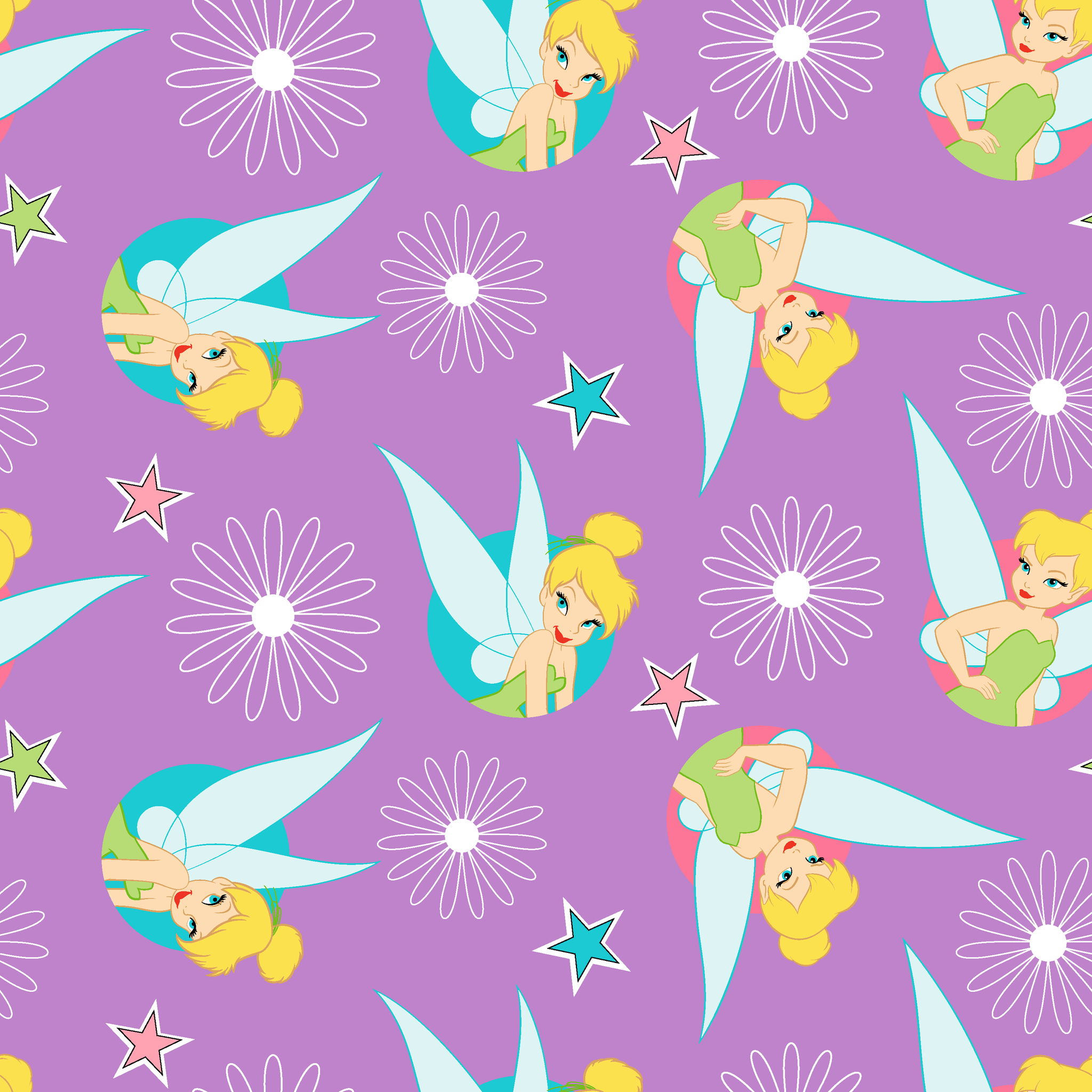 Tinker Bell on a purple background with white daisy flowers and colorful stars. tiled preview square