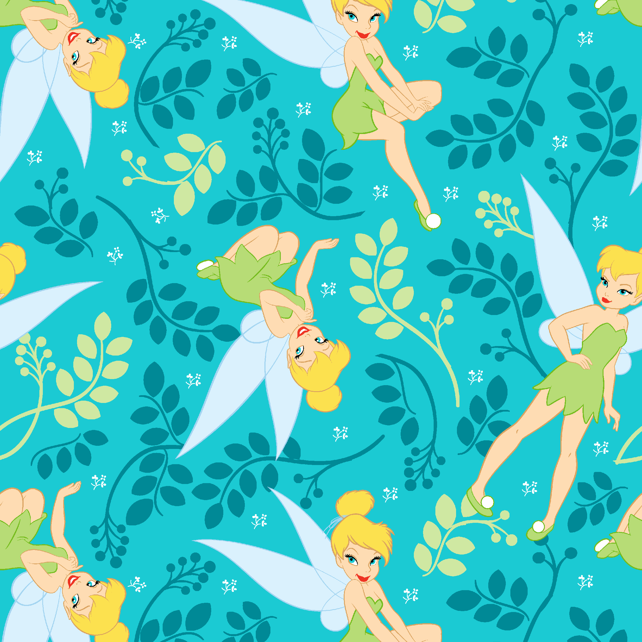 A whimsical pattern featuring Tinker Bell against a teal background with decorative green foliage and yellow accents. tiled preview square