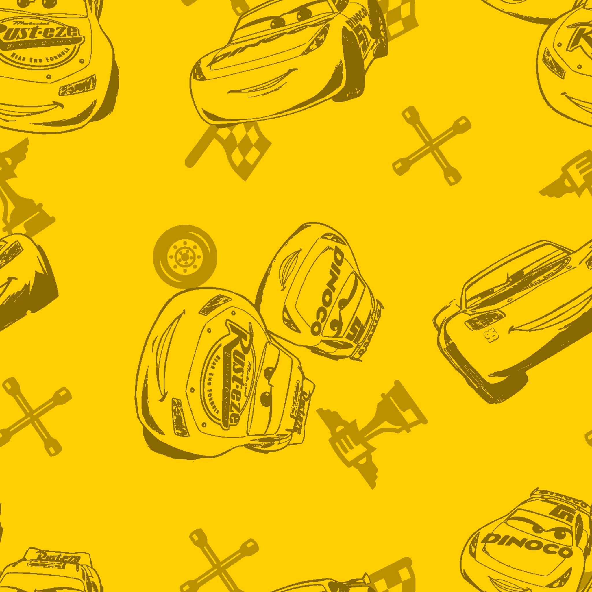 Yellow background with cartoon race cars, tires, and tool icons in a repeating pattern design tiled preview square