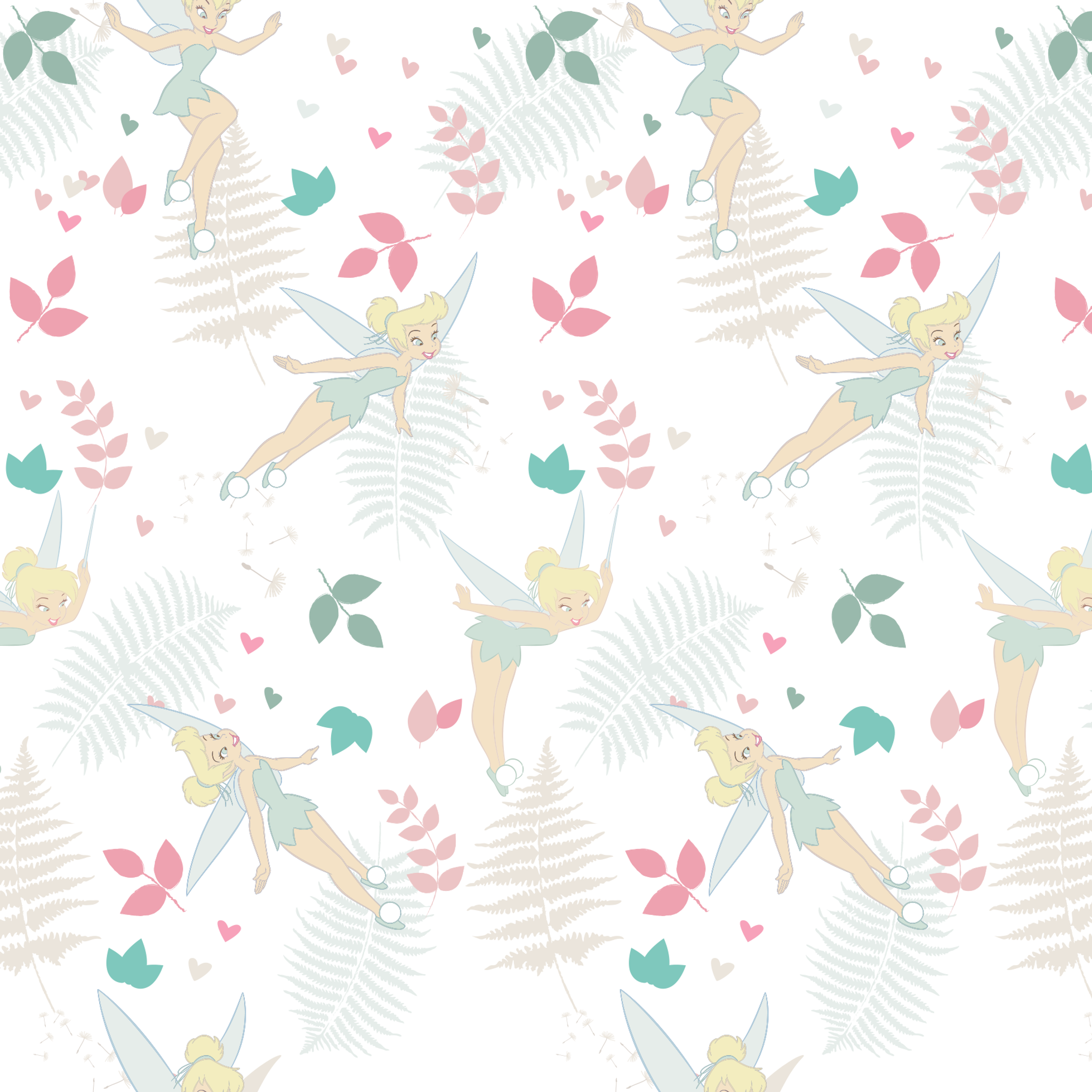 Whimsical pattern with Tinker Bell, white ferns, pink and teal foliage on light background tiled preview square