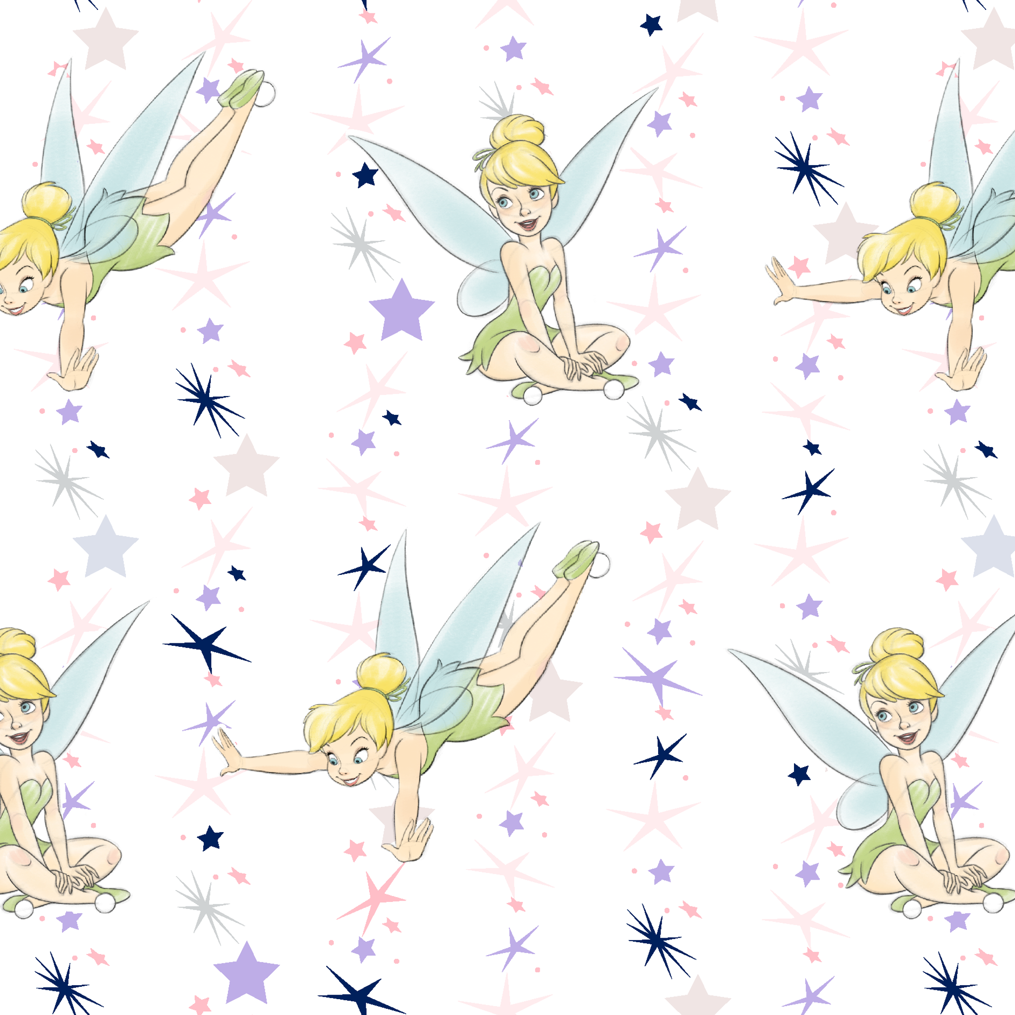 Whimsical Tinker Bell in green dresses surrounded by stars tiled preview square