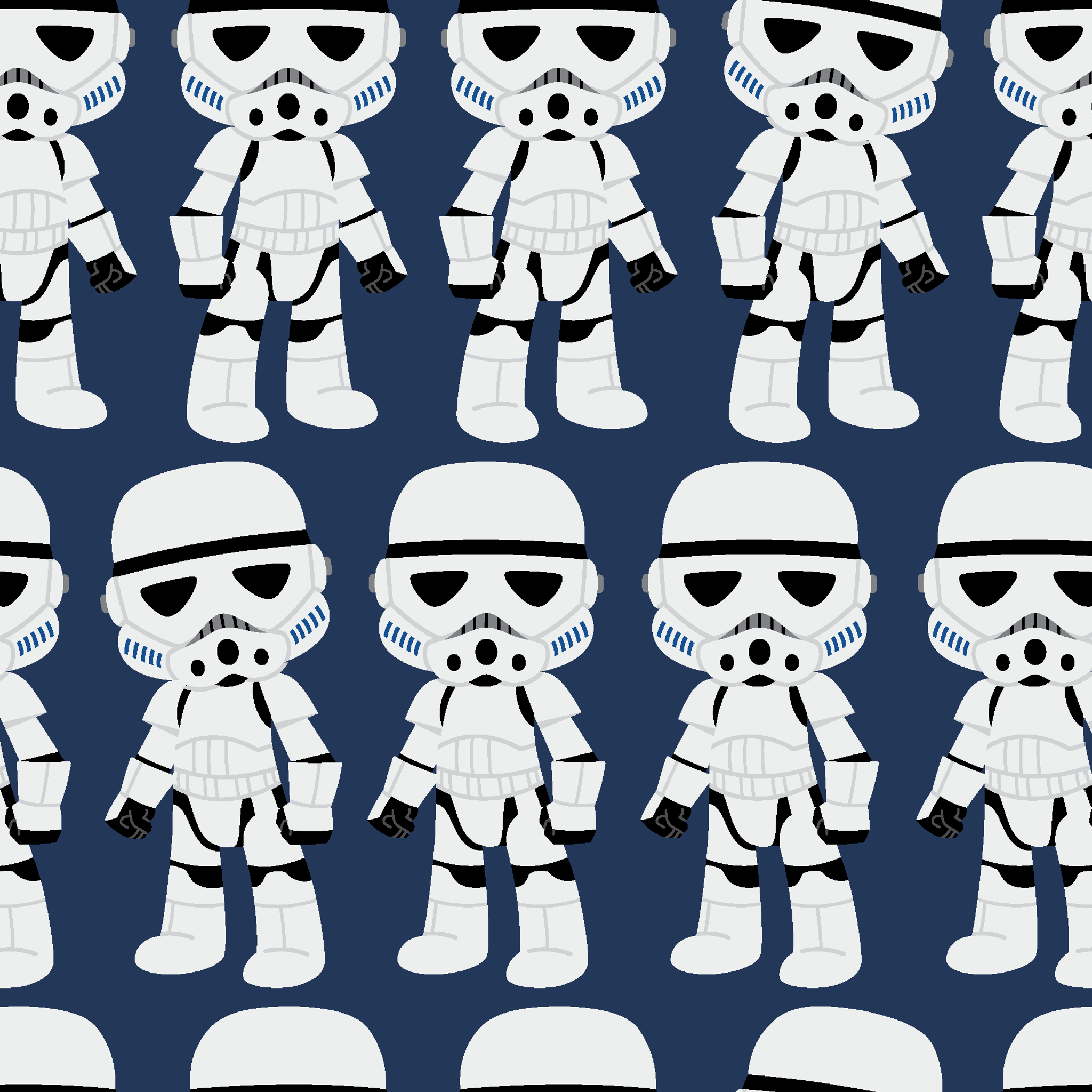 Repeated pattern of cartoon Stormtrooper characters in white armor against dark blue background tiled preview square