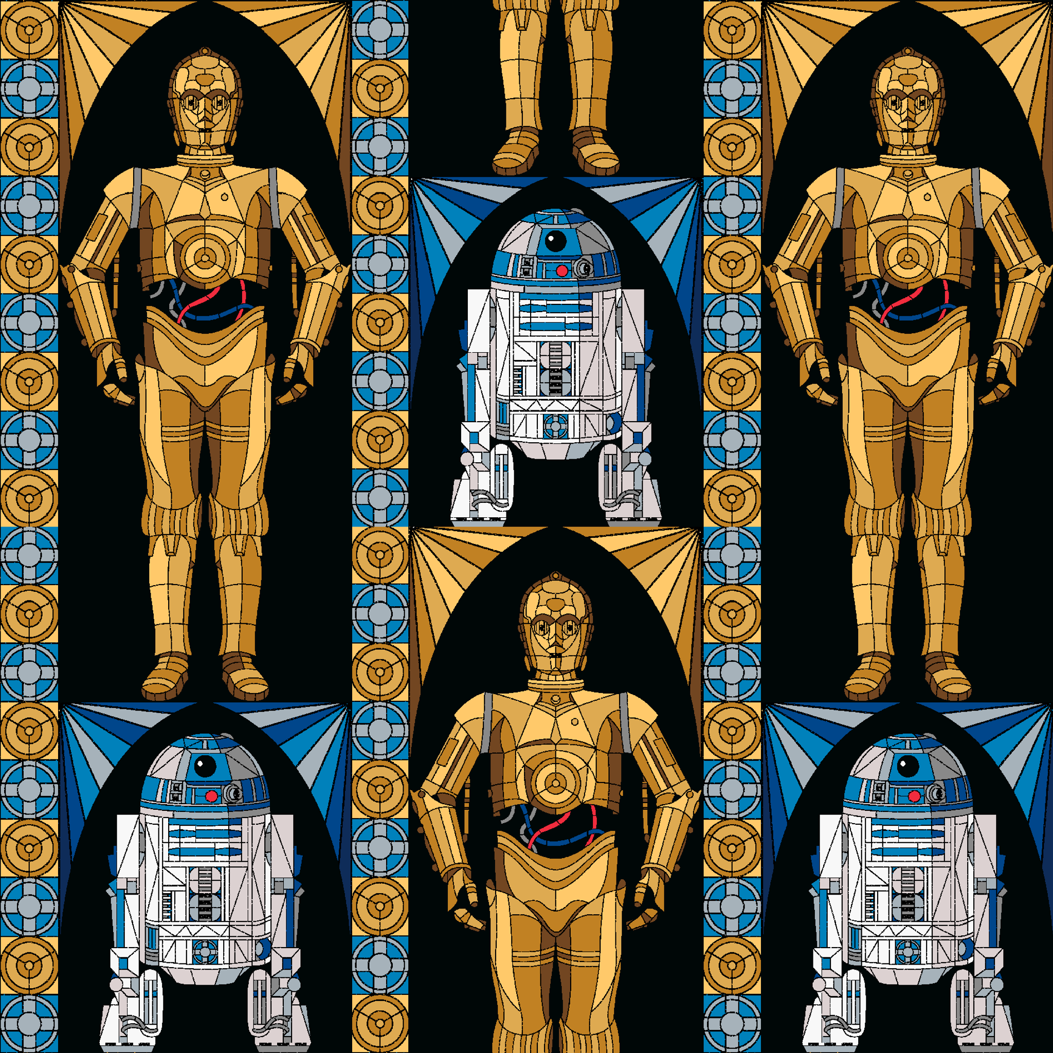 Repeating pattern of golden droid and blue-white astromech droid characters from Star Wars on black background with decorative borders tiled preview square