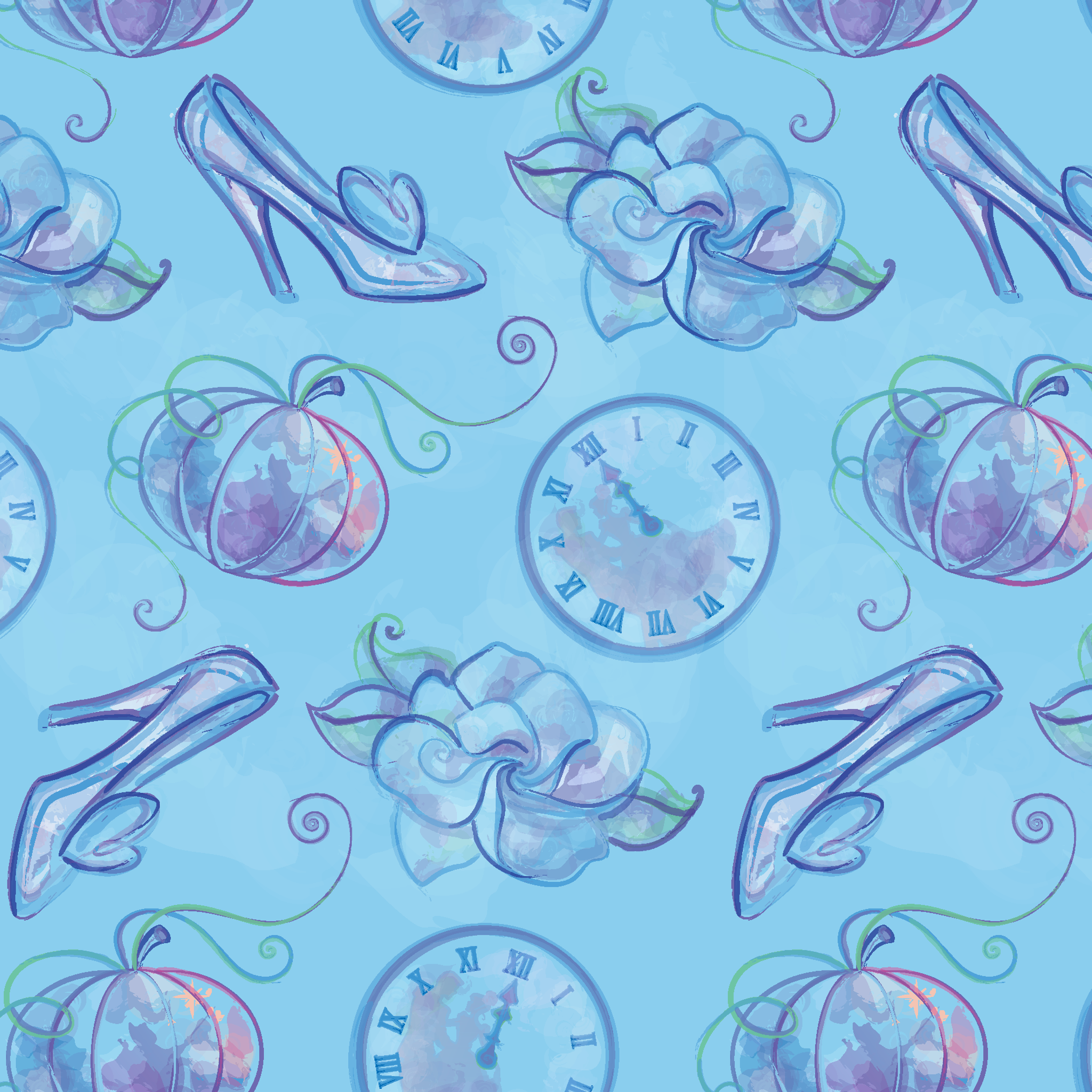 Whimsical Cinderella-themed pattern with glass slippers, pumpkins, clocks, and ribbons in soft blue and purple tones tiled preview square