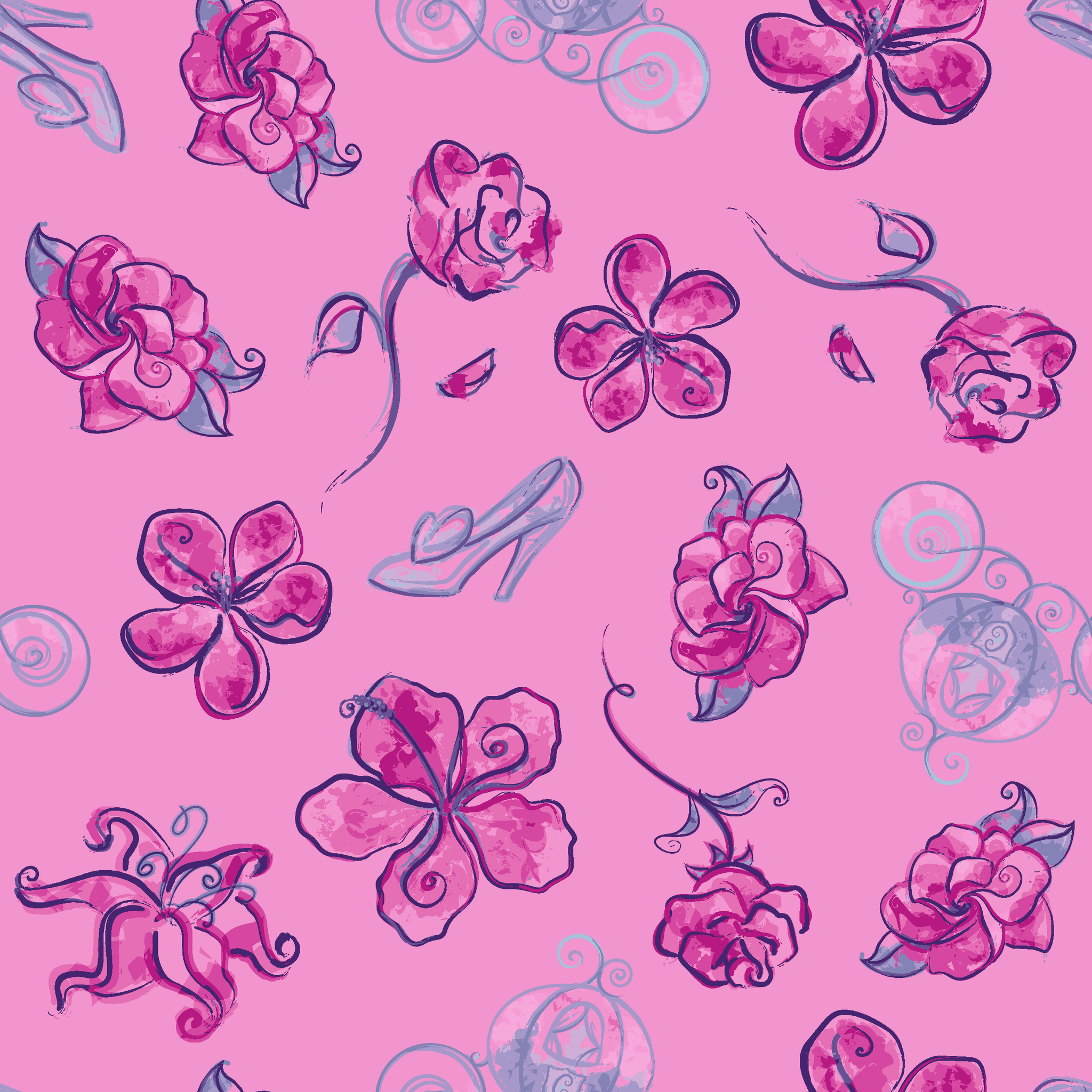 Whimsical Cinderella pattern of purple flowers, roses, and glass slipper outlines on pink background tiled preview square