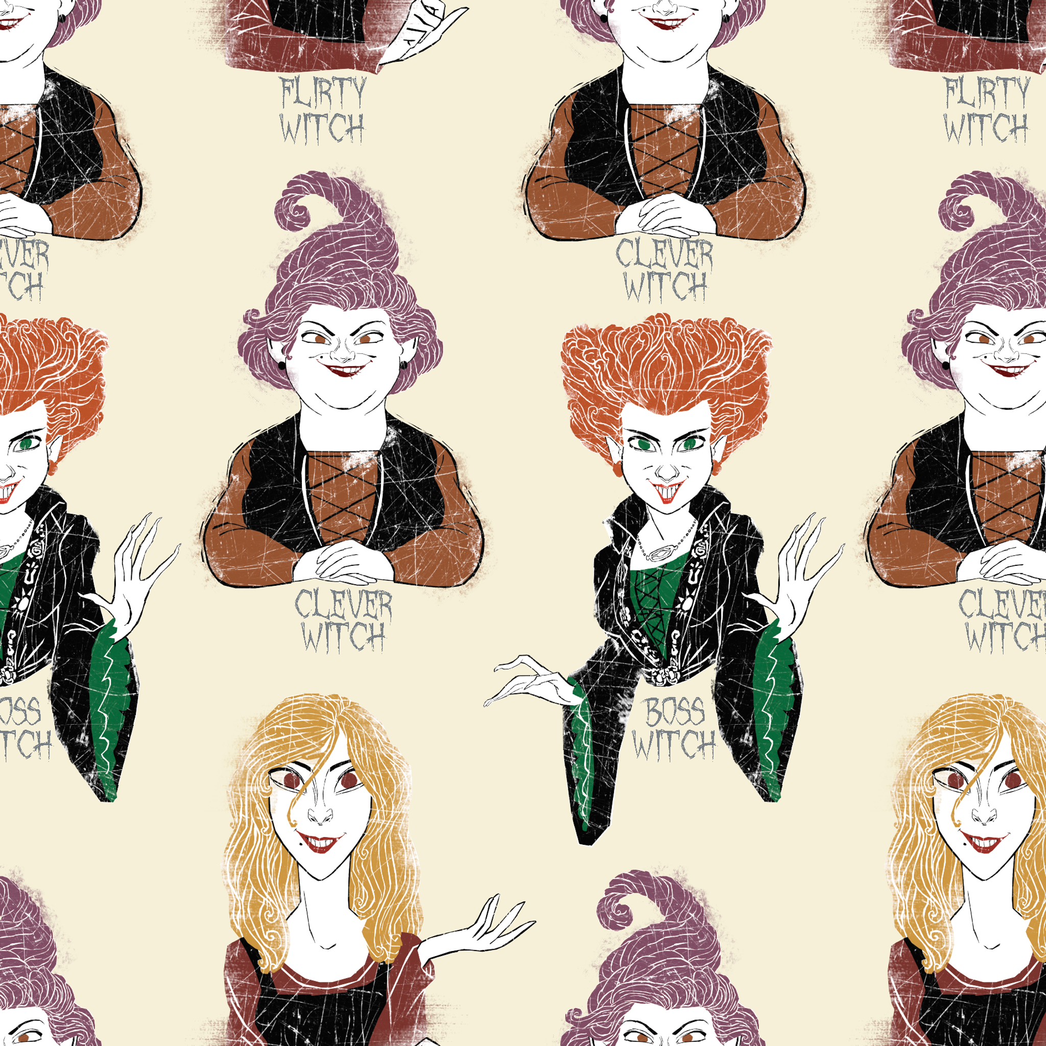 Pattern of illustrated witch characters with different styling - purple hat witch, green-dressed witch, and blonde witch with varying colors and poses tiled preview square