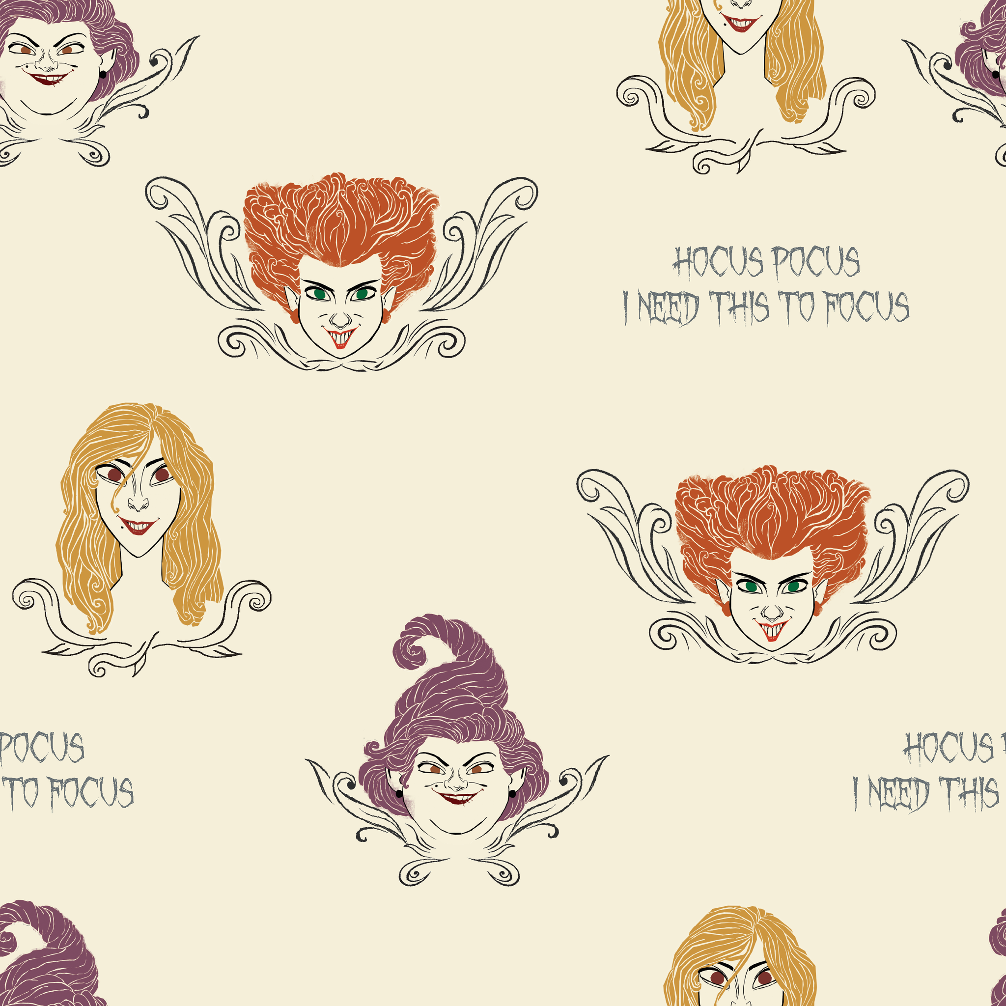 Pattern of illustrated magical characters with orange, blonde and purple hair on cream background with "Hocus Pocus" text tiled preview square