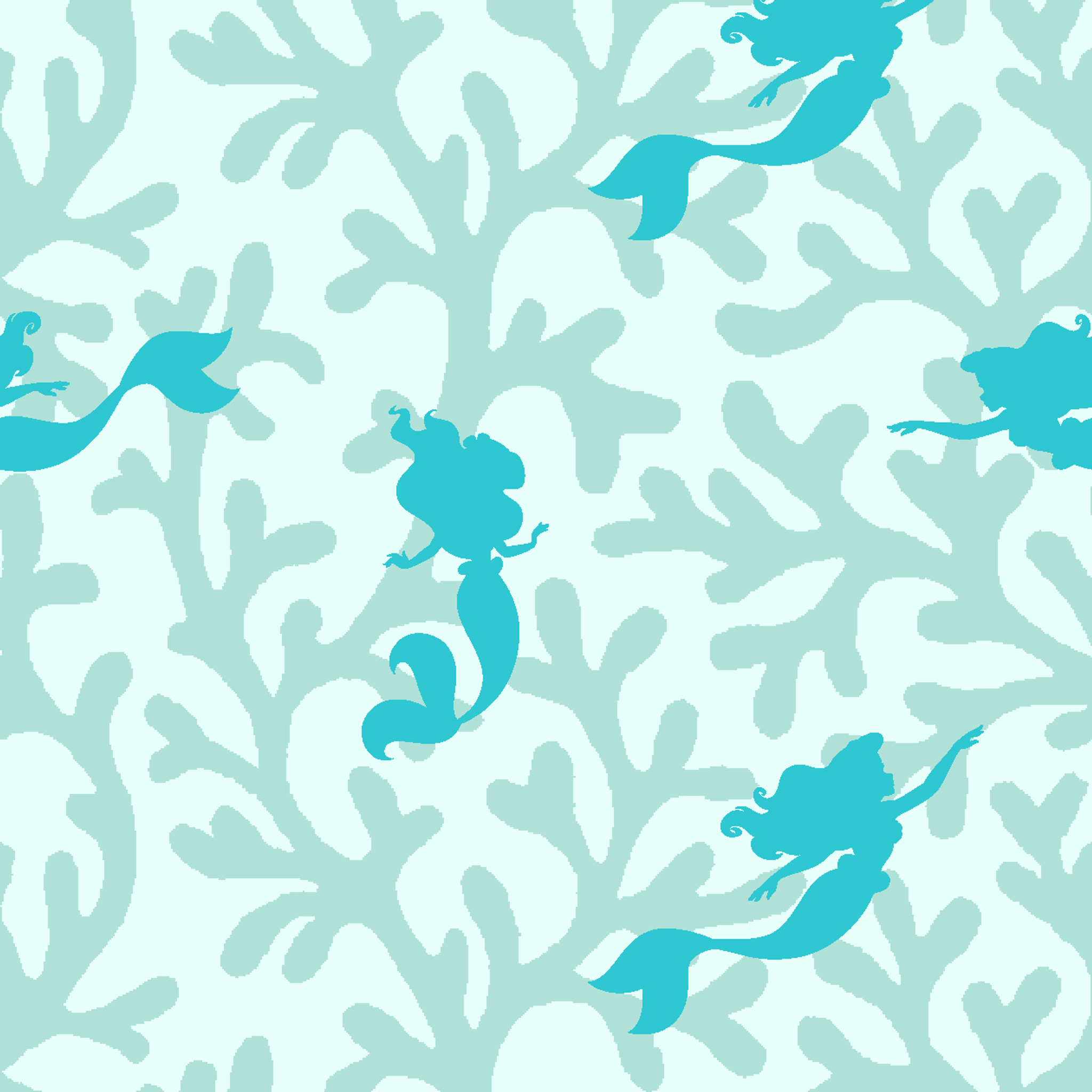 Abstract pattern with light mint green coral shapes and The Little Mermaid silhouettes tiled preview square