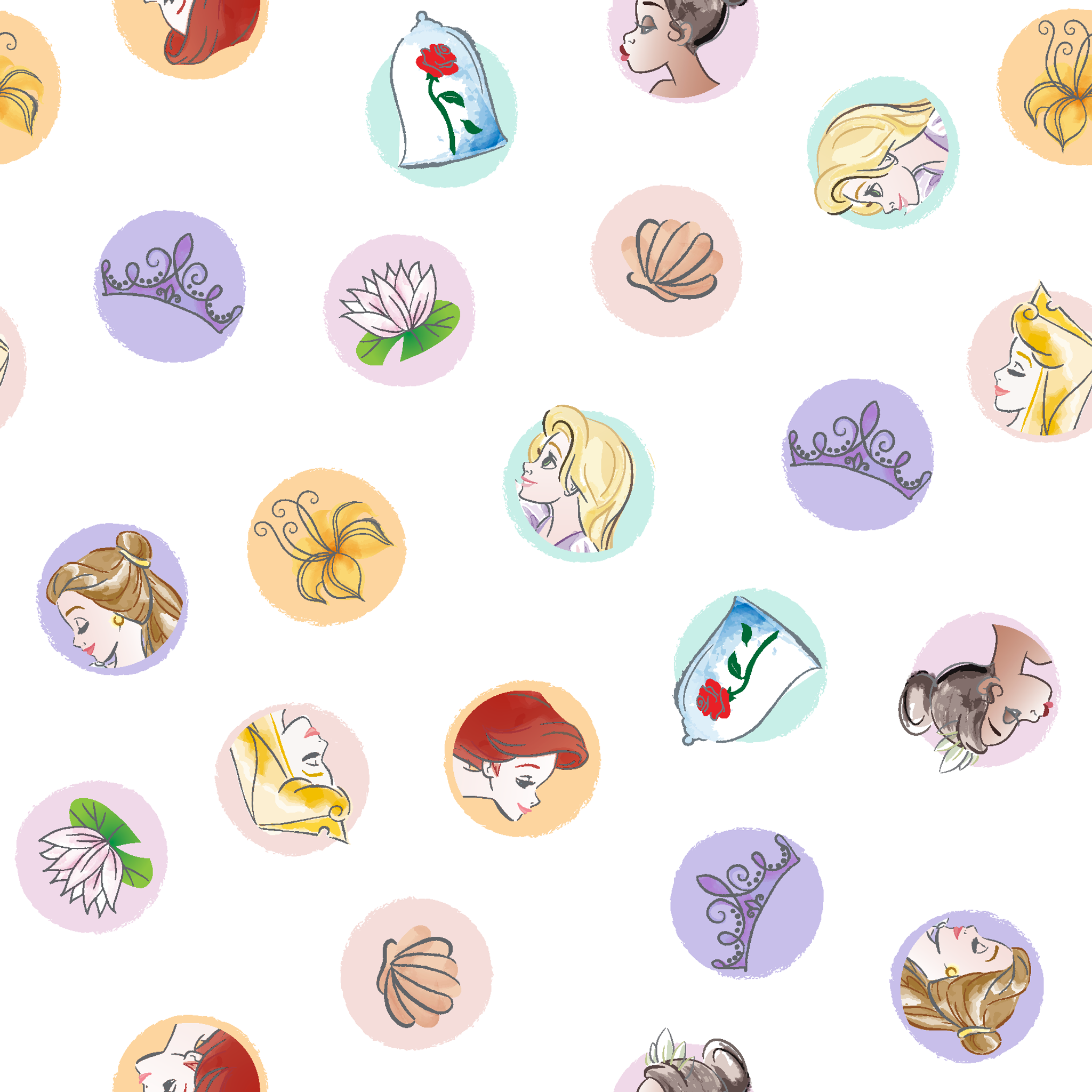 Colorful circular illustrations featuring Disney Princesses and symbols on white background tiled preview square