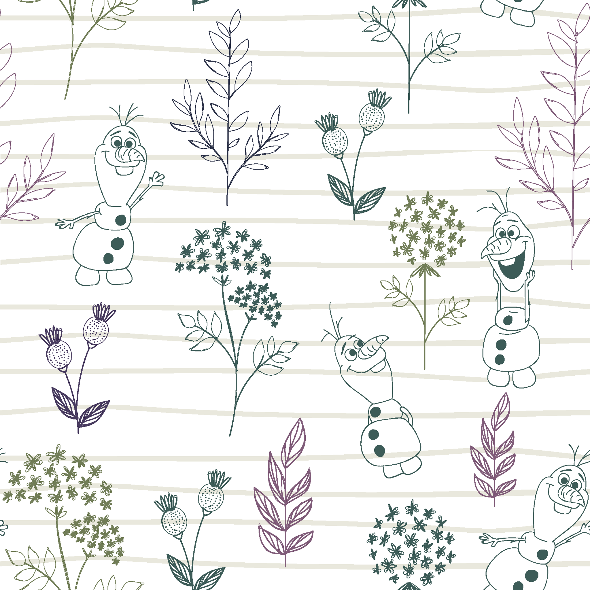 Pattern of sketched botanical elements, flowers, and Olaf on a lined background in soft greens and purples tiled preview square