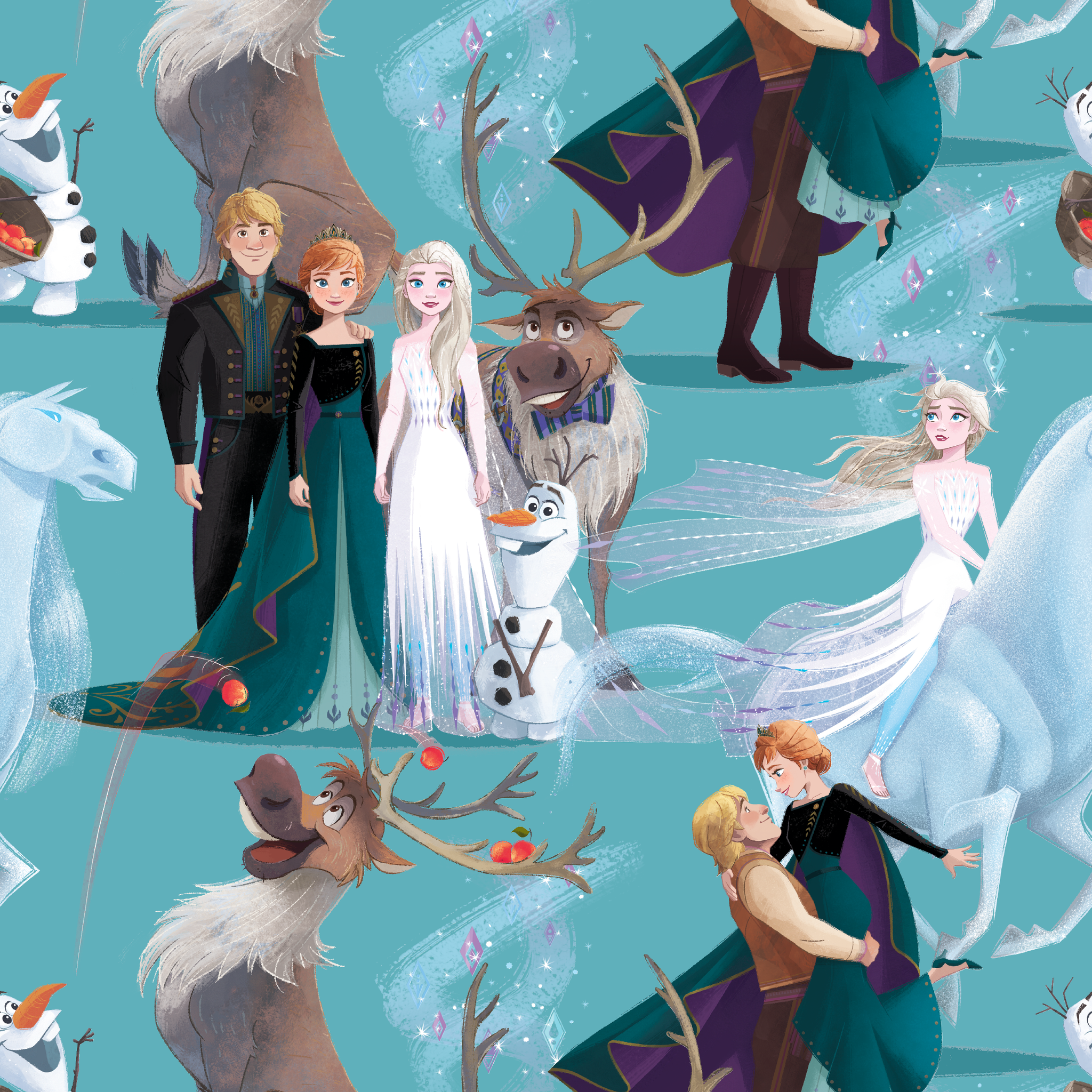 Characters from Frozen movie including Elsa, Olaf, Sven and others on turquoise background tiled preview square