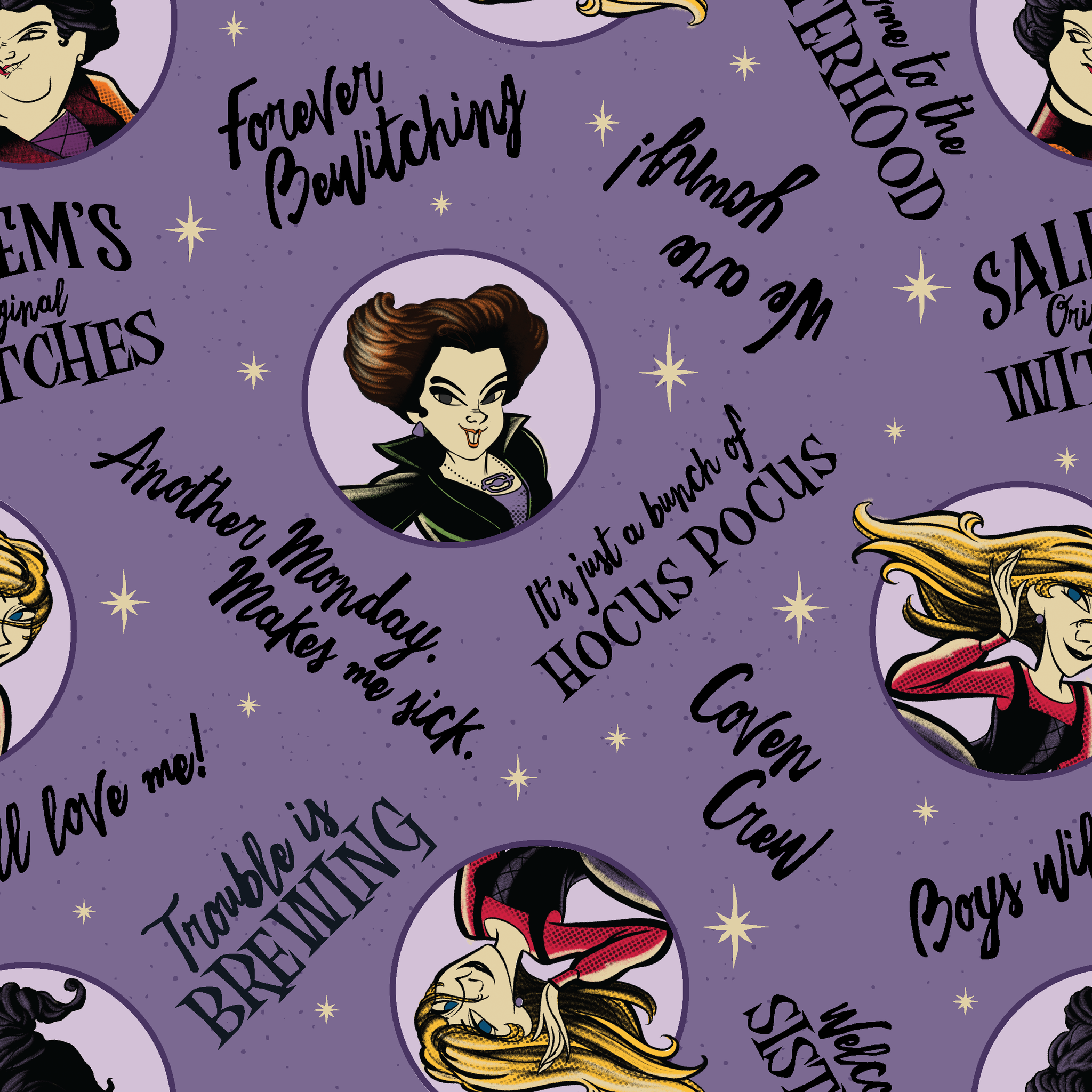 Purple background pattern with cartoon witches in circles, magical phrases and stars scattered throughout in black text tiled preview square