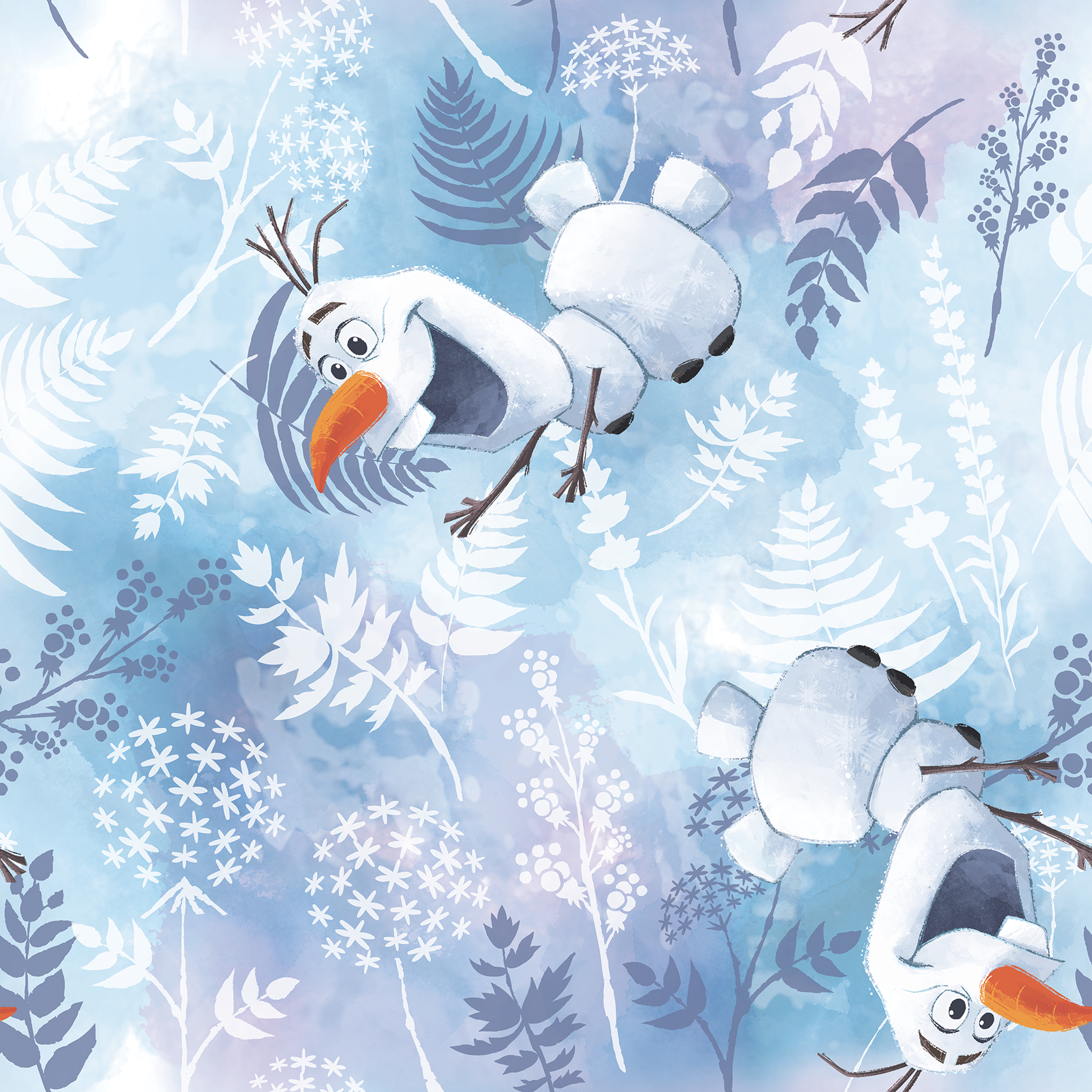 Cheerful Olaf playing among delicate ferns and snowflakes on a light blue background tiled preview square